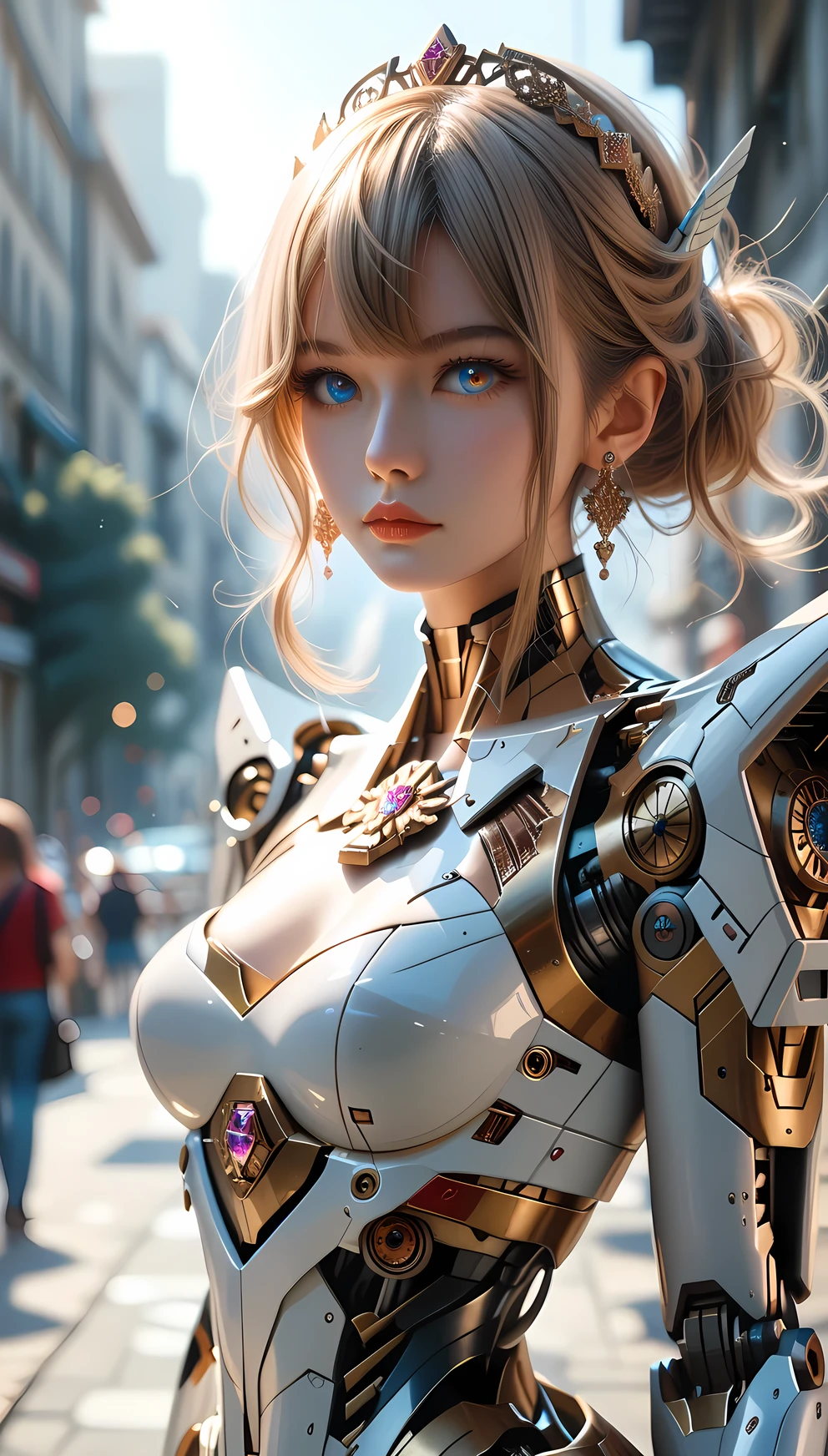 ((masterpiece)), ((best quality)), perfect detailed eyes, perfect detailed face, light brown hair, hair over shoulder, anime style, Surrealism, sparkle, cinematic lighting, A beautiful woman with a Gundam-style mechanical body, Mechanical limbs, sci-fi anime, Robot Woman, Colorful rays on background, Composition (cowboy shot)