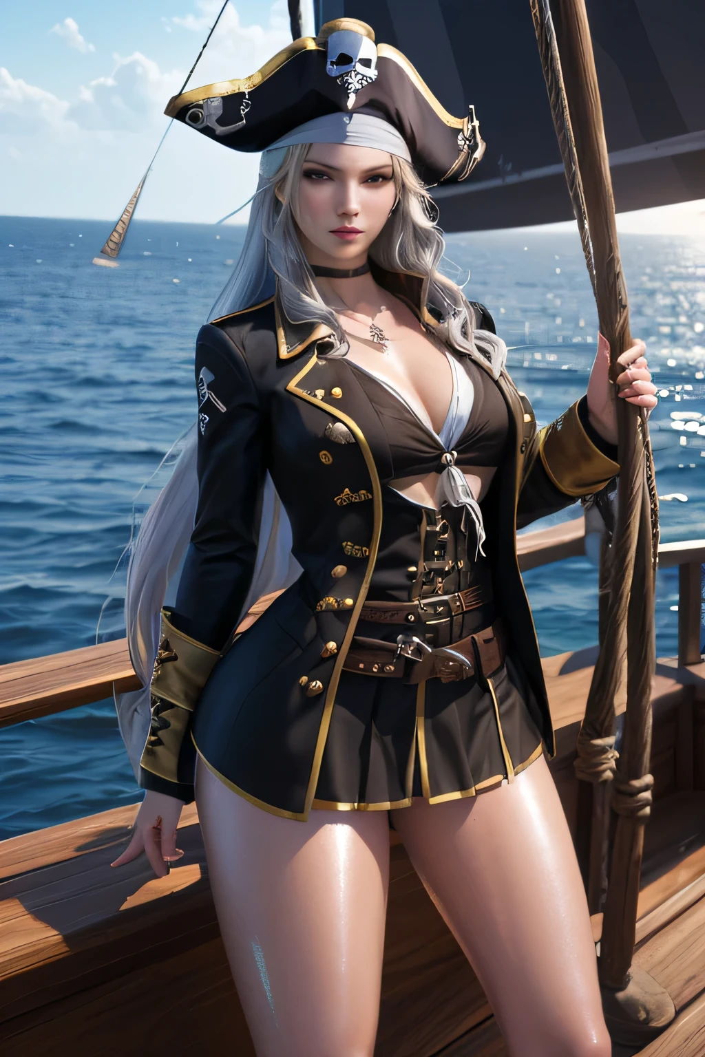 (Front Focus),Surrealist portraits of women by David Hockney and Alphonse Mucha,((ultra gigantic tits))、((Upper body naked))、( Exposed)、((Pirate Ship))、Female Pirate、((Engaging pose))、Fantasyart、((White hair))、((Sexy Pirate Costume))、((Sexy Pirate Costume))、((Sexy Pirate、Pirate clothing with less fabric))、Beautifully embroidered sexy pirate costumes,Decorated with fine embroidered pirate costumes and lots of fine jewelry,photographrealistic,动态照明,art stations,poster for,Volumetriclighting,extra detailed face,4 k'',((Colossal tits))、With diamonds,Sexy thighs,exposing the abdomen ,Chest 1 Girl, In the Dark, deepshadow, low tune, Cowboy Shot,(official clothing:1.4), The eyes are confused and seductive,legs separated