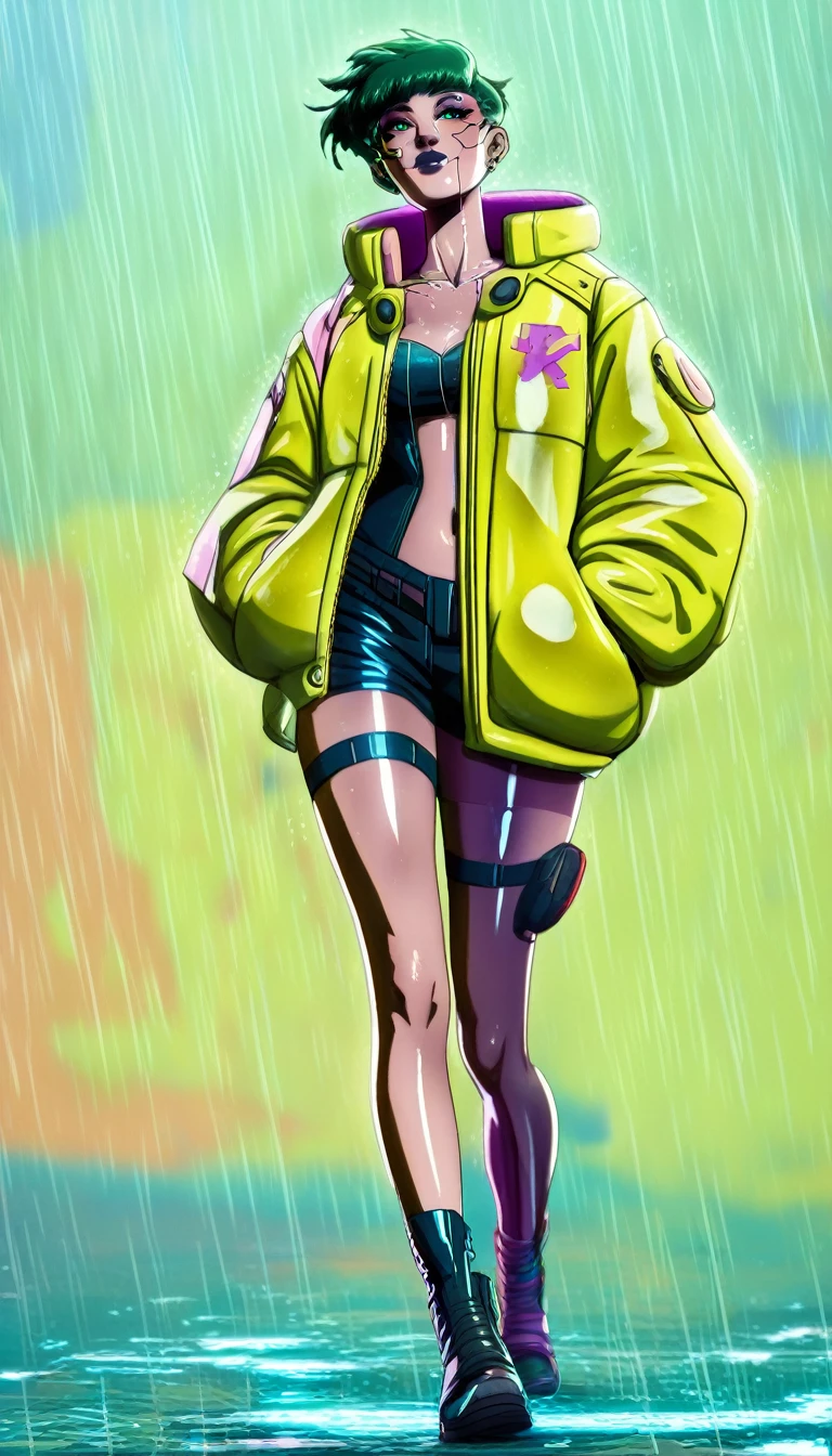 best quality, 8k, sharp focus, depth of field, best shadows, perfect lights, HDR, realistic skin texture, detailed, hyper detailed background, solo, 1 woman, Yuna crawford, pink hair, short ponytail and messy bangs, green eyes, small boobs, wearing white sneaker outfit, seethrough, pink sneakers, showing her pink panties, shoulders showing, in a military school, anime style inspired by trails of cold steel IV, lewd, Ecchi, blushing, walking on the rain, wet, wet letting you see the panties and bra by the wet clothes