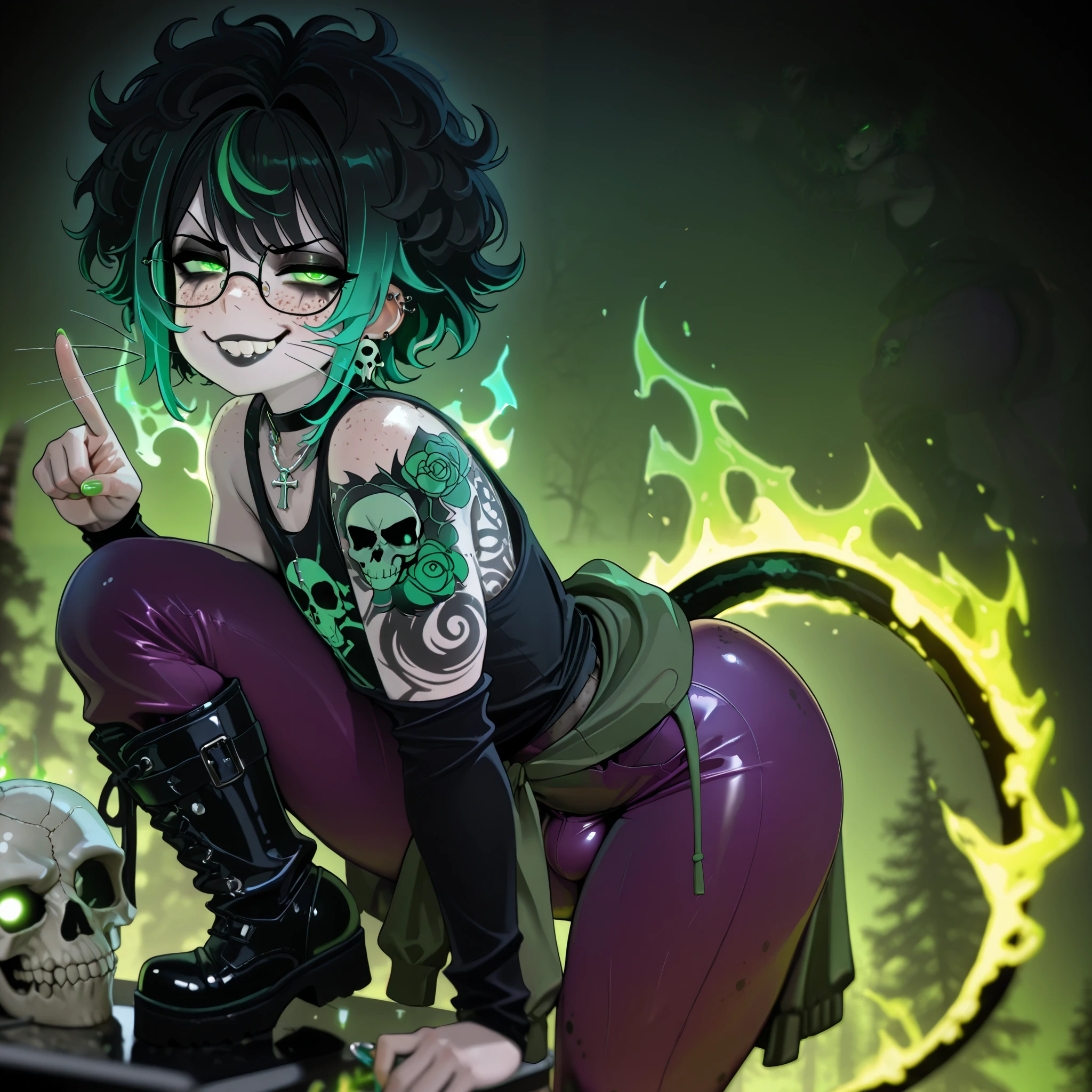 ( Ultra-detailed), ( masterpiece ), ( best quality), ( depth of field ), (sharp focus), ( cinematographic lighting),(Cinematic Poster Design), (vibrant blue), dams, glowing eyes, 6'0", Gothic style, dark makeup, black tattoos, piercings de prata, psychotic, psycho, A dark lighted anime male with green glowing eyes, deep eyes, a lot of green energy, psycho smile, masterpiece, best quality, 1boy, outfitpss, Tall Femboy, black hair with green highlights and streaks, green eyes, black curly afro hair, black choker, earrings, jewelry, bird skull earrings, jewelry, black choker with dagger shaped like an Ankh as accessory, Silver necklace with a green jade skull, Purple Pleated shirt tied around waist, Tight Black tank top, Rat Skull design on tank top, black footwear, Goth Boots with metal plate tips, Skull accessories on boots, Running mascara, Tight fitting purple pants, portrait, fingernails, black and green nails, nail polish, plush ass and thighs, freckles on face, Freckles on butt, freckles on shoulder, rat teeth, rat tail, frayed whiskers, pale skin, goth makeup, plump kissable lips, cute femboy cock bulge, half open tired eyes, Male tall femboy, twink, 8k, highly detailed, glasses, perfect detailed face, rat buck teeth, male, flat chested, dark grey lipstick, annoyed expression, Looking at viewer, High Quality, Forest background detailed background, ((emerald flames are in the background)), cocky pose, (((green gradient fire background:1.4))), energy, Energetic, Simple Design, Simplified --s 100 --niji 5 --ar 1:1