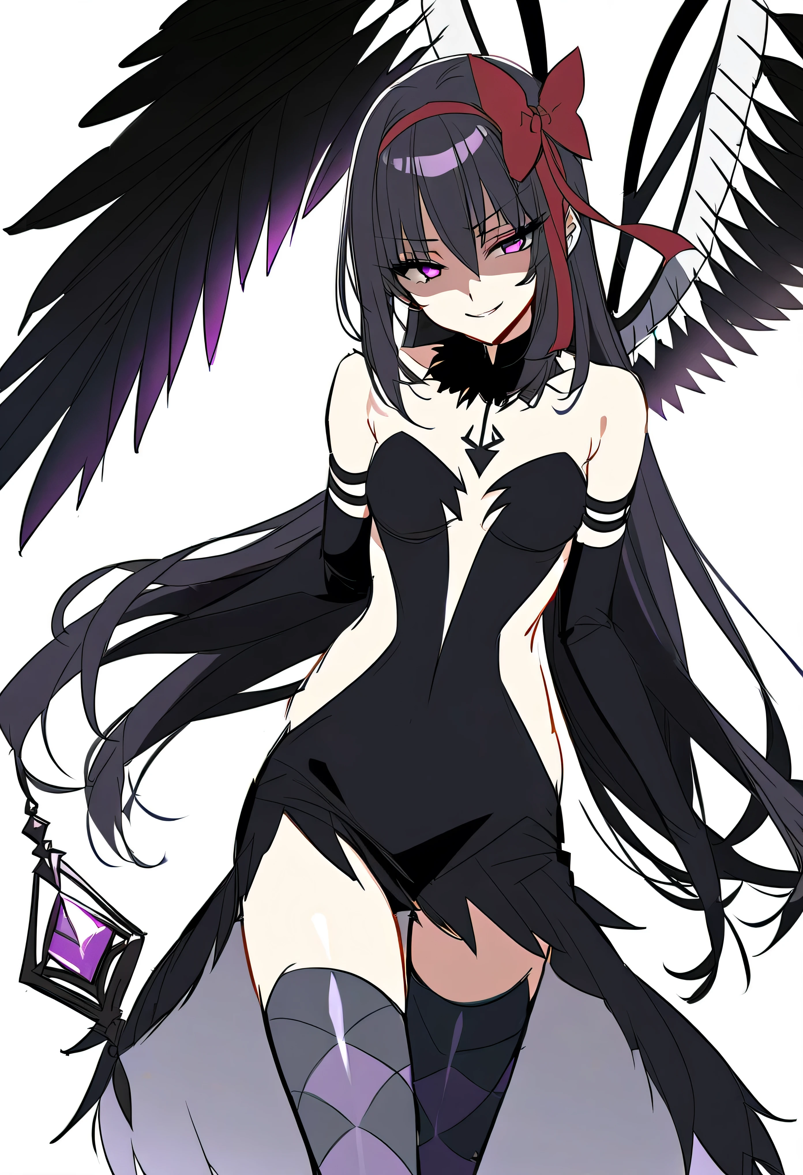 1girl, akuma homura, solo, long hair, wings, gloves, elbow gloves, black hair, smile, purple eyes, thighhighs, black gloves, argyle legwear, argyle, bare shoulders, looking at viewer, dress, soul gem, hair bow, bow, choker, feathered wings, white background, zettai ryouiki, simple background, black wings, masterpiece, best quality, late, evil smile,shaded face(eyes in shadow),latex