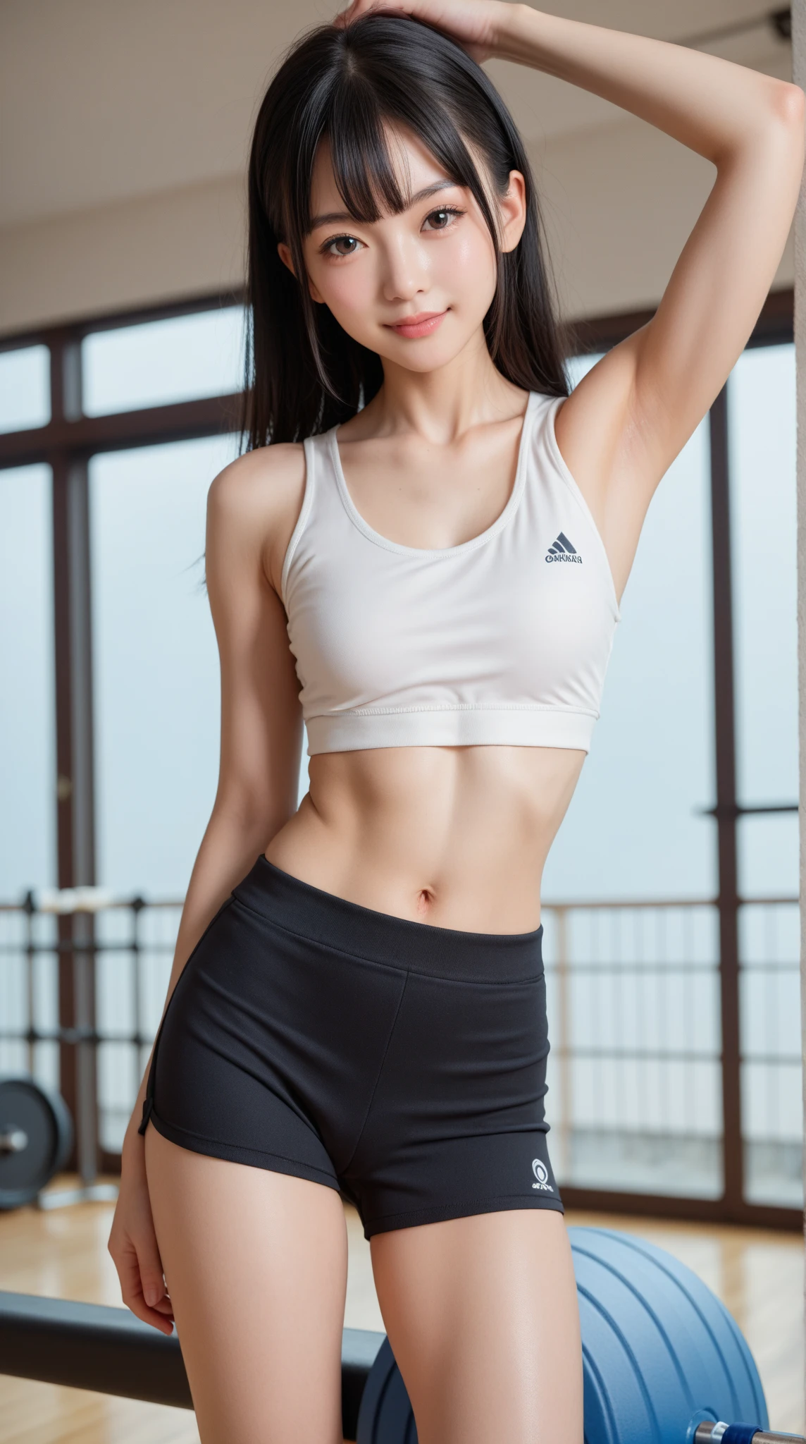 ((armpit pose、Armpit、Armpit、​masterpiece, Top image quality, hight resolution, Wrinkles under the armpits:1.4、独奏、small tits、Sleeveless uniforms on land、track and field athleand on the field、high-ponytail Hairstyle、Locker Room、athletic field、独奏、no-bra、full body Esbian、A smile、A slight smil、Armpit hairy、Armpit hair、Armpit hair、Detailed wrinkles in the armpits、realistic armpit、Tecateca skin、glowy skin、Glossy armpits、Tecateca armpits、Under the glossy armpits))、Sweaty face、Latina, puberty, full of sweat、red lipsticks、Athletics Stadium Locker Room、独奏、I'm looking at the armpits、Navel is visible、Navel