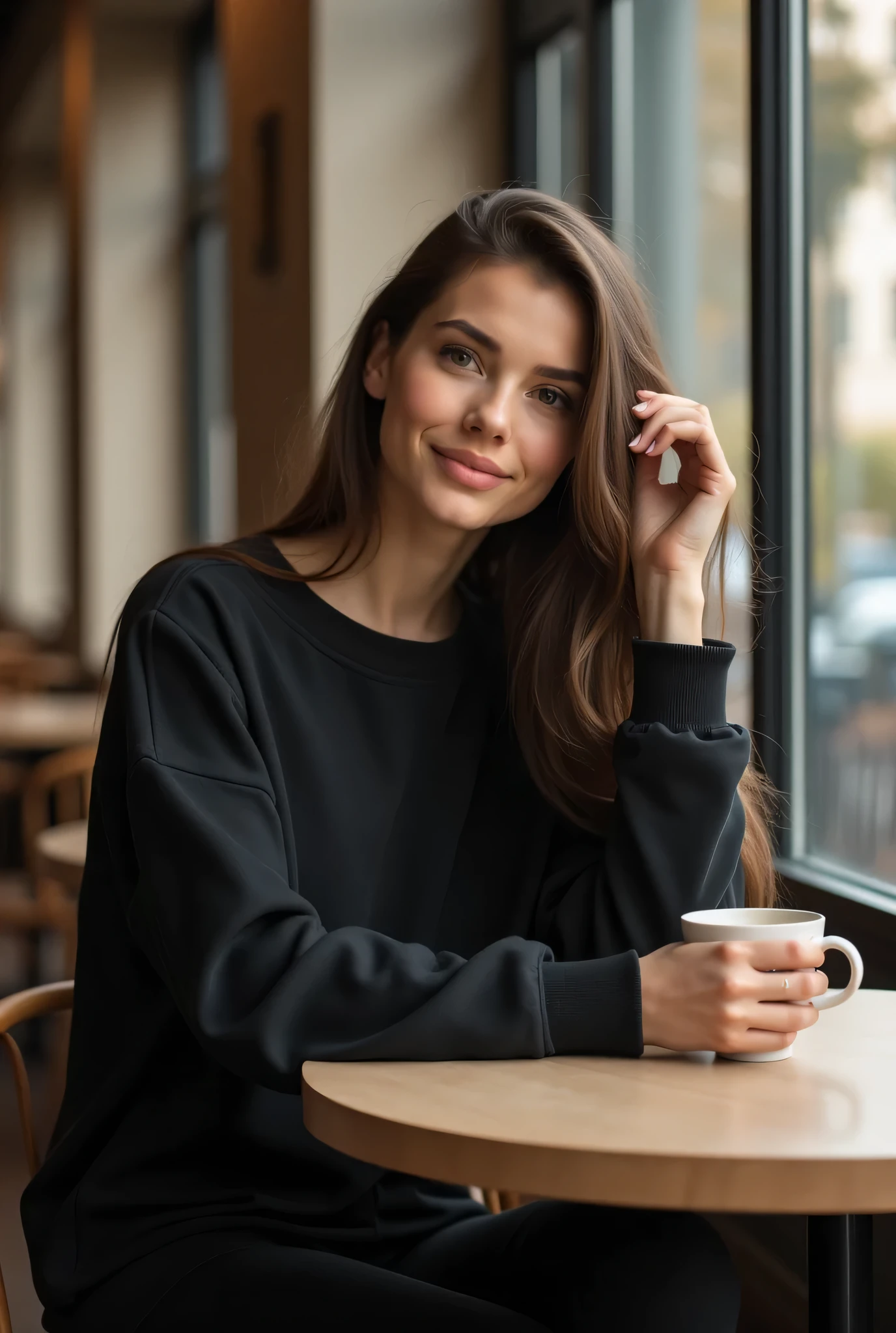 "Beautiful, elegant Italian woman in a chic autumn outfit, sitting in a cozy cafe with warm lighting and rustic decor. She is sitting comfortably at a wooden table, holding a coffee cup and resting her chin on her other hand, looking directly at the camera with a serene smile. Her hair is styled in a chic updo, with a few loose strands framing her face. High-fidelity cinematic style, capturing the detailed warmth of the cafe and the serene beauty of the moment