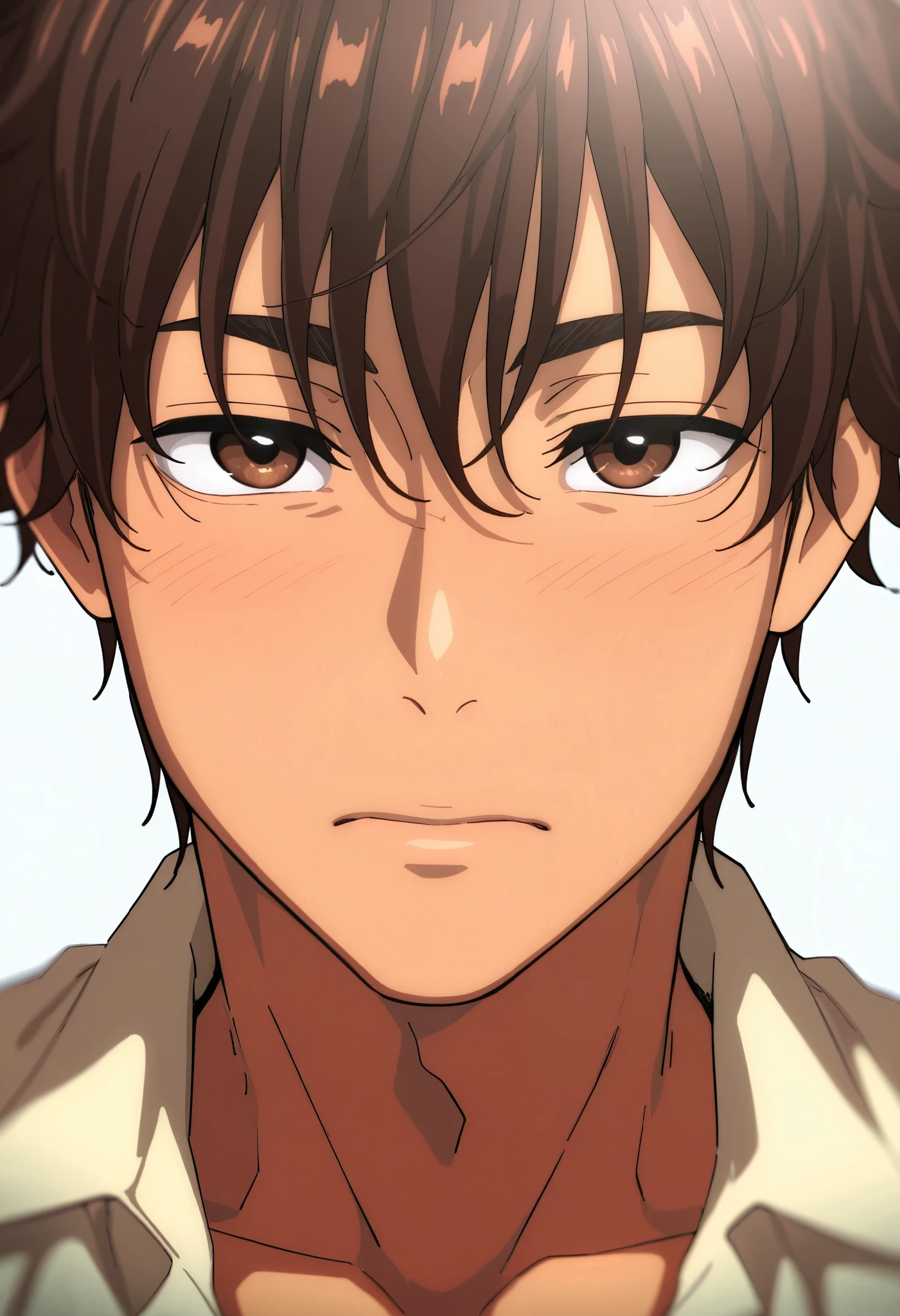 1boy, shiny hair, dark brown hair, short hair, messy boyish hair, brown eye