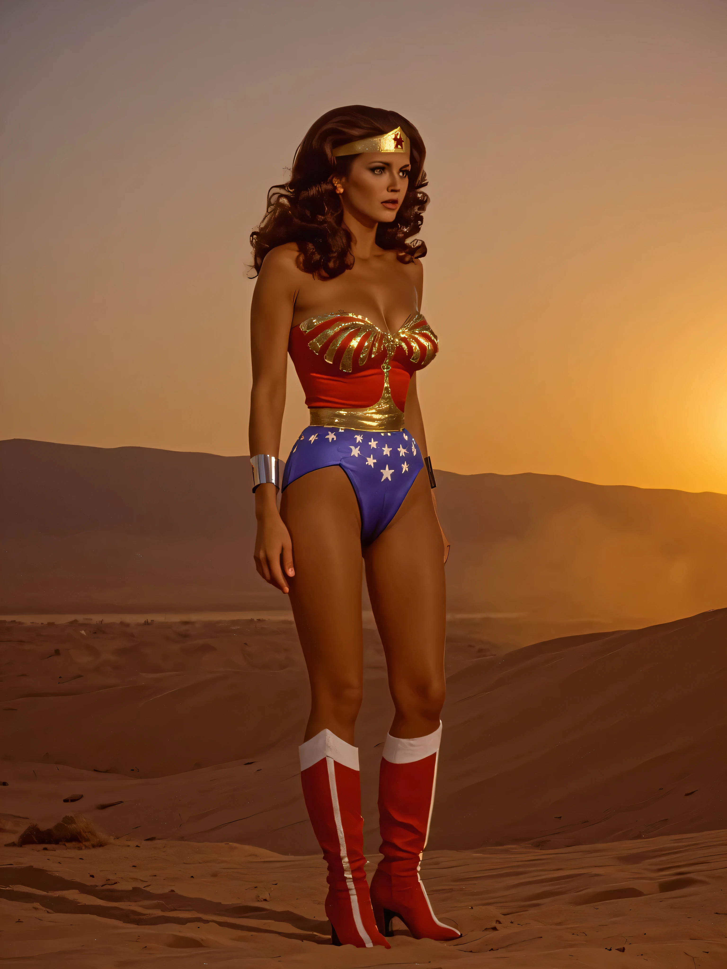 8k, top quality, live-action, A picture of Linda Carter's Wonder Woman who is young, beautiful, and perfect, A scene from a TV show , beautiful sunset at a late night with warm, misty lighting , Standing with a composition that captures the whole , so beautiful and adorable walking in pain , alone in the desert dunes , her amazingly beautiful naked breasts and nipples are sweaty , She's a victim of sexual torture 、 beautiful legs and can hardly walk away , she's crying and asking for help . Great breasts, thin waist, I'm looking at a , Well-groomed legs shine , high heel boots. Alone, top quality, by Nomi, photo by Nomi, ( complicated details:1.2), ( delicate details without lighting), ( dim lighting) clear line, sharp concentration, by Nomi face, detailed face, Unity 8k Wallpaper, ultra high resolution, (photo by Nomi:1.4), I'm looking at the viewers,
