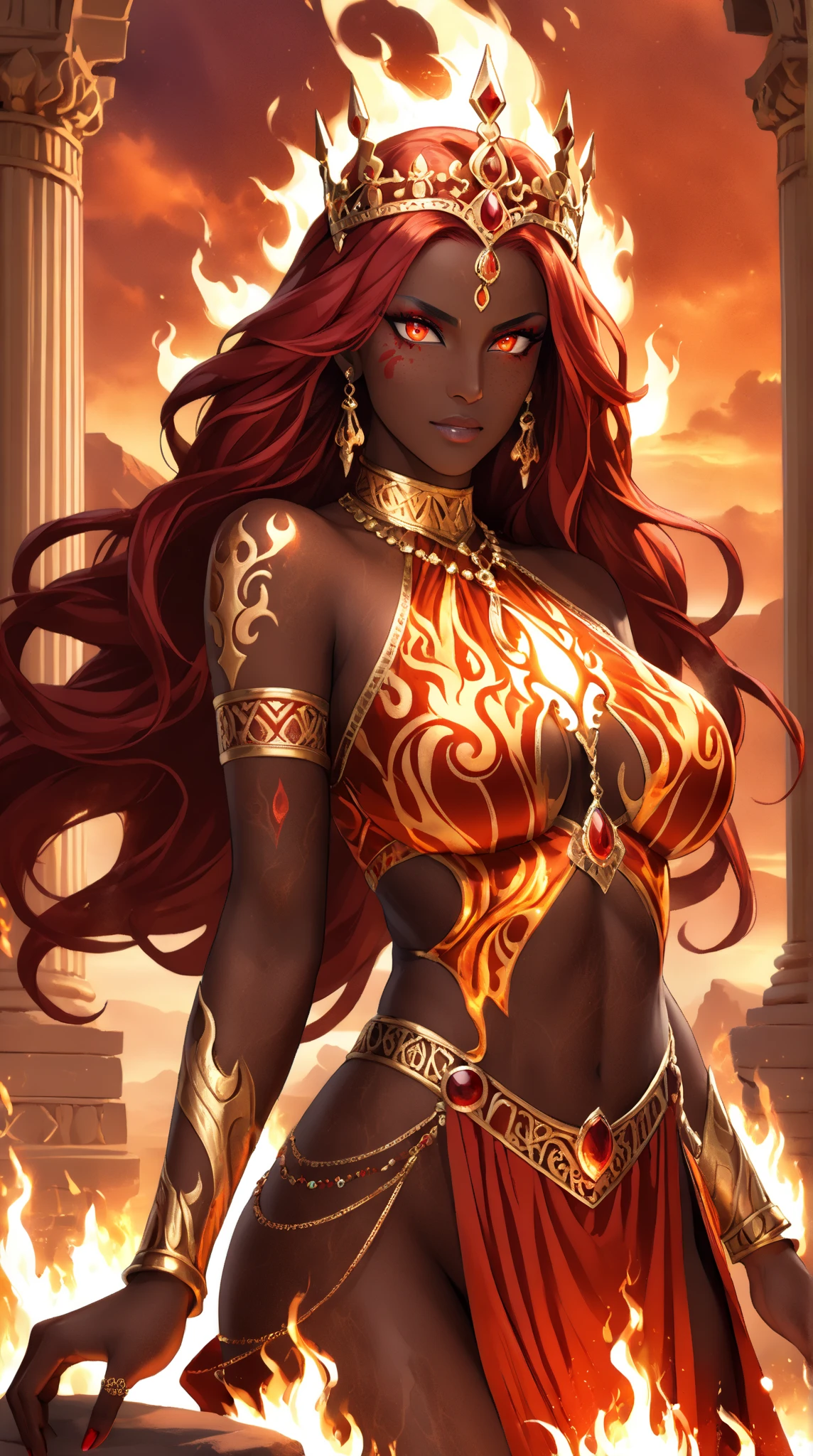 (best quality,realistic),1female,50-year-old,dark-skinned,long hair,bimbo,indian,ifbb,gold bra,(translucent skirt),detailed face
