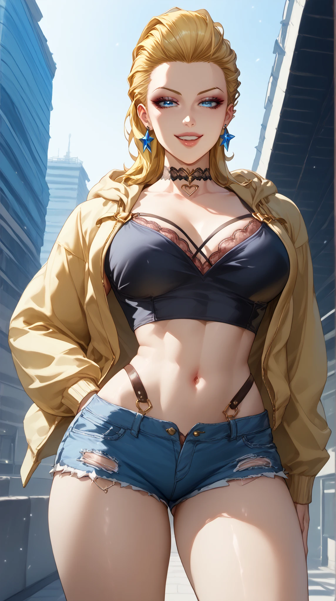 super realistic, 8k, masterpiece, high definition, cinematic, 1950s western, movie poster, waistless pistol beauty, sheriff, blonde white woman, sheriff lot, cleavage, torn jacket with superman letter S, torn pants, confronting the villains, foal in waist holster, (title), stunning lighting, 3d rendering, western street corner, superman S symbol in the background.
