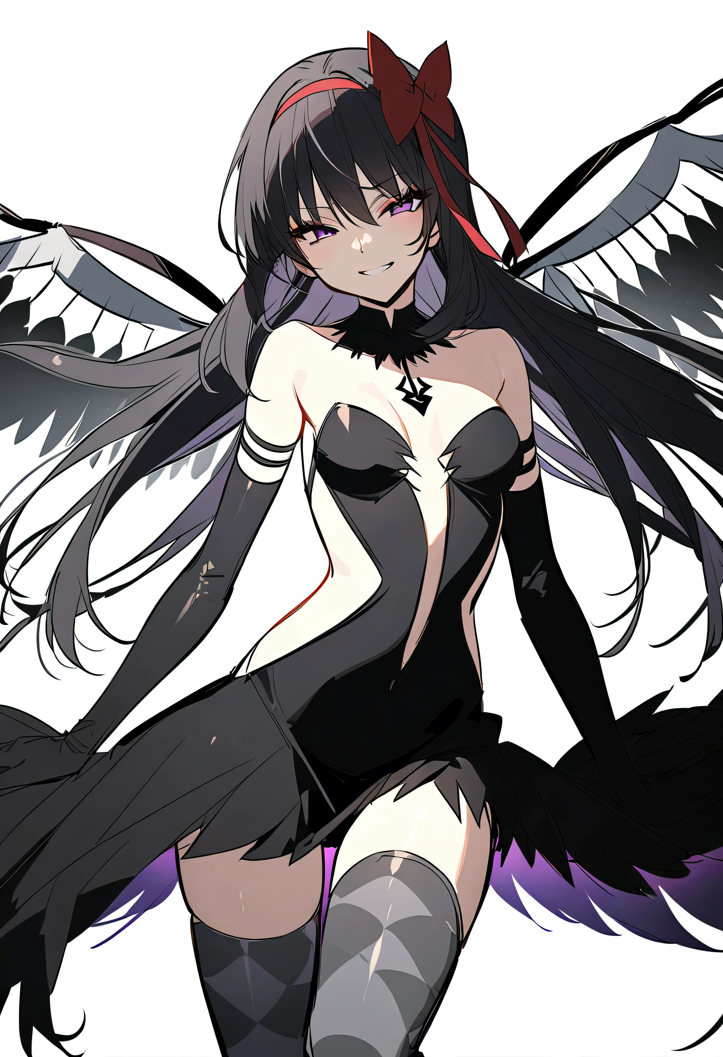 1girl, akuma homura, solo, long hair, wings, gloves, elbow gloves, black hair, smile, purple eyes, thighhighs, black gloves, argyle legwear, argyle, bare shoulders, looking at viewer, dress, soul gem, hair bow, bow, choker, feathered wings, white background, zettai ryouiki, simple background, black wings, masterpiece, best quality, late, evil smile,shaded face(eyes in shadow),latex