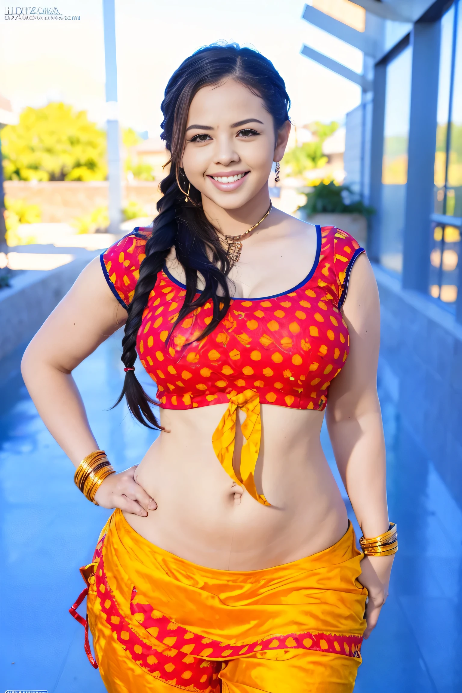 HD wallpaper 32k cinematic shoot of a Beautiful cute keisha grey, with thick thighs and a curvy waist, twin braids,  wearing an Indian blouse top, horny, seductively, in a school corridor, dotted blouse top, smiling, ((long curvy waist)), ((lowwaist)), ((curvy waist))
