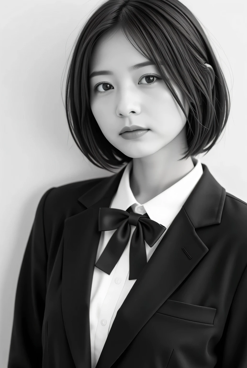 black and white photo of a retro female student:1.331,  by Nomi, Beautiful Japanese woman's face, I am presenting a cassette tape:1.5,  front view :1.37, Black and White Photography:1.37, Black and White Photography:1.37, Very by Nomi photos,  standing,  five anatomically correct fingers, Perfect Anatomy:1.21,  small head:1.21, Close your lips ,  black trail blazer :1.21,  plain uniform from a famous high school in the city  ,  blazer uniform,   blazer, black blazer , white collar shirt:1.21, Black thin loop ribbon :1.331,  black hair:1.21 ,  bob cut hair:1.21, Japanese woman without makeup :1.21,  Beautiful Japanese Woman Face :1.21, Detailed Iris, Sharp eyebrows:1.37,  detailed face, Fair, fine skin, growing skin:1.21,  natural light illuminates her :1.37, レトロなBlack and White Photography:1.331, やさしい Black and White Photography:1.331, レトロな Black and White Photography:1.331, Silky Screen, Nostalgic Photos, dynamic, cinematic lighting shines,