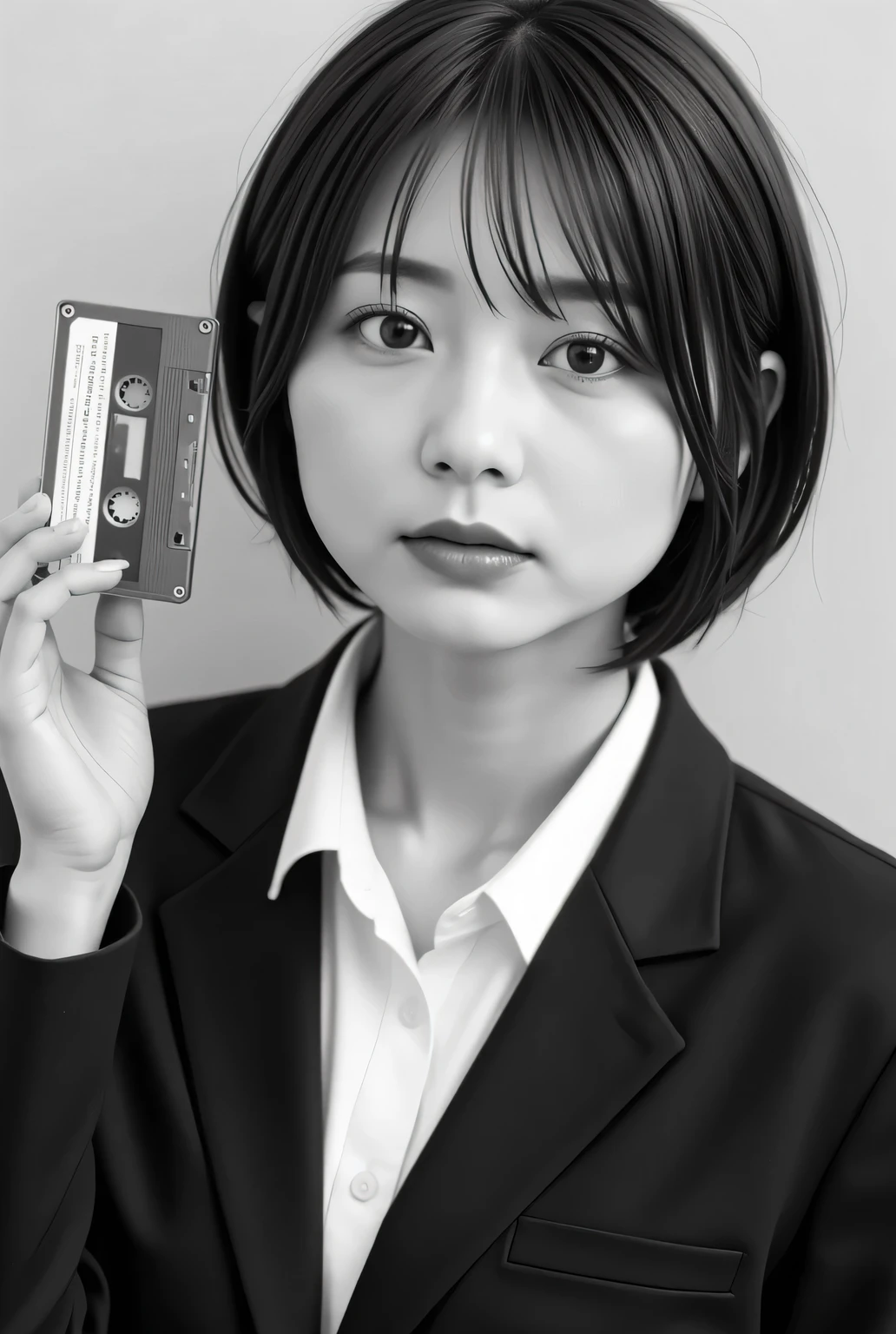 black and white photo of a retro female student:1.331, by Nomi, Beautiful Japanese woman's face, presenting a cassette tape:2.0, 1970's cassette tape:2.0, front view :1.37, Black and White Photography:1.37, Black and White Photography:1.37, Very by Nomi photos, standing, five anatomically correct fingers, Perfect Anatomy:1.21, small head:1.21, Close your lips , black trail blazer :1.21, plain uniform from a famous high school in the city , blazer uniform, blazer, black blazer , white collar shirt:1.21, Black thin loop ribbon :1.331, black hair:1.21 , bob cut hair:1.21, Japanese woman without makeup :1.21, Beautiful Japanese Woman Face :1.21, Detailed Iris, Sharp eyebrows:1.37, detailed face, Fair, fine skin, growing skin:1.21, natural light illuminates her :1.37, レトロなBlack and White Photography:1.331, やさしい Black and White Photography:1.331, レトロな Black and White Photography:1.331, Silky Screen, Nostalgic Photos, has dynamic, cinematic lighting,