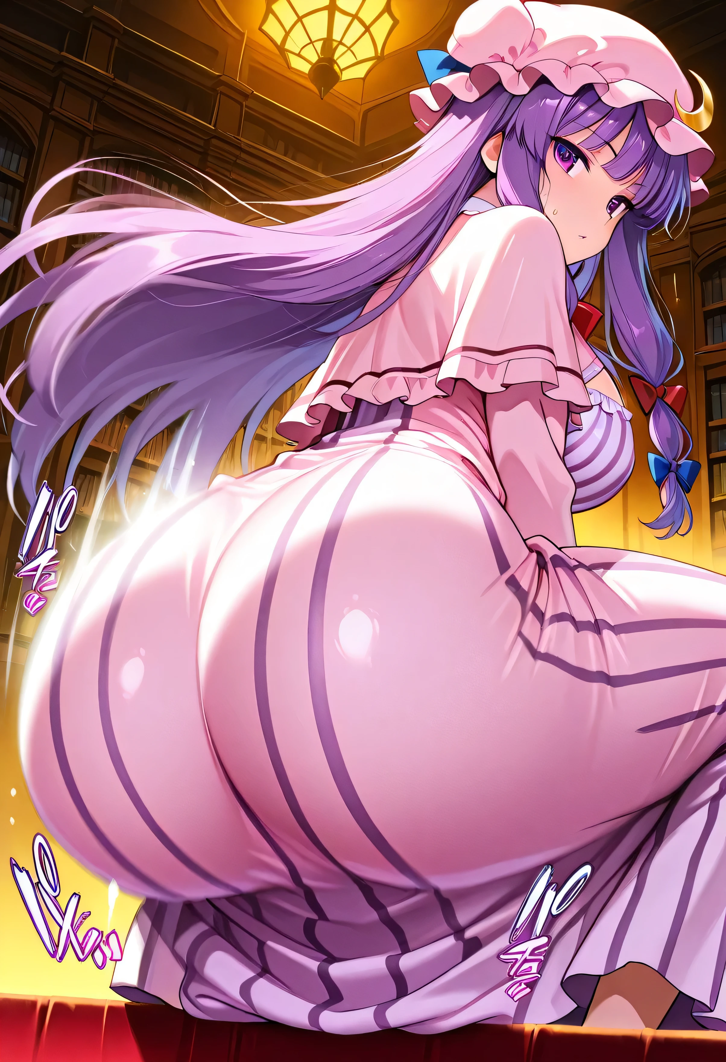 patchouli、One Woman、Cute Woman、Thick thighs、Best image quality、High resolution、masterpiece、super high quality、Squat with your legs apart、Super big ass、Striped bra、Striped panties、Panties are visible through a very short pleated skirt、Big Ass、Large Breasts 、Blushing、4K quality、Blushing、Proud face、Wearing black knee socks、bed、Squat with your legs apart、Panty shot、Sweaty all over、Heavy breathing、Chest is bobbing up and down、heart、Condescending look、Low Angle、Zoom in on the crotch、(from below:1.2)、Sitting with Knees Up on sofa at living, spread legs、(back pose:1.3) or (back view:1.2)