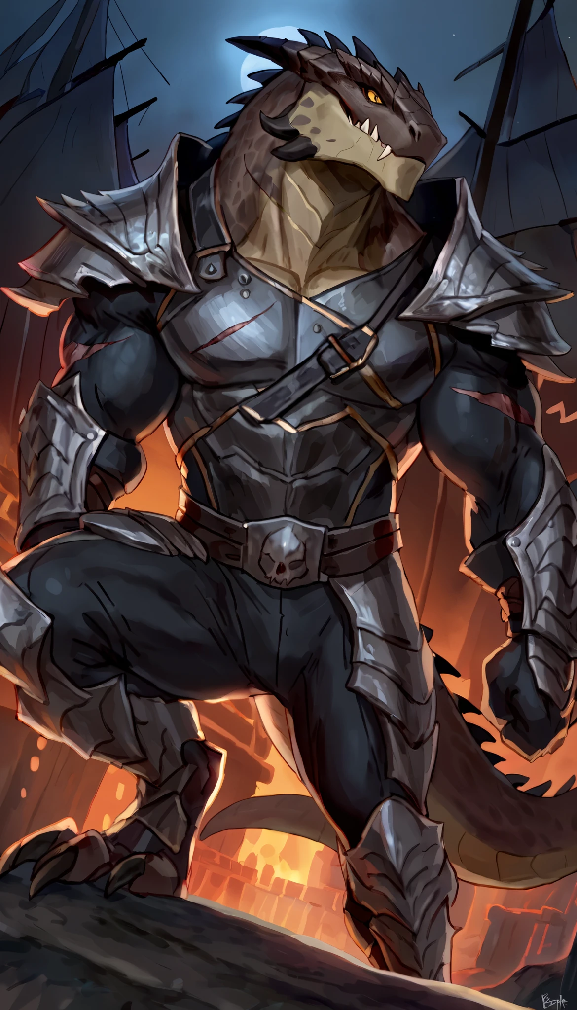 Muscular lizardfolk, solo, anthro lizard, detailed skin, strong, wearing demonic armor, metallic scales, scars on body, 1male solo, full bodysuit, anthro, muscular, big muscles, small waist, thick tail, marked jaw, armor on legs, full body, comicbook style, night time, best quality, 4k, ultra-detailed, by Buta99, by laobai, by taran fiddler, detailed illustration of 4K, horror, pirate port scenery, night