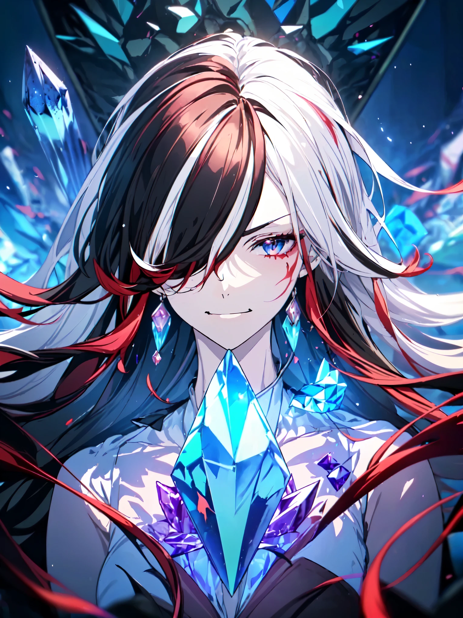 masterpiece, best quality, (anime character, anime, detailed anime, video game art, extremely detailed CG unity 8k wallpaper), (best quality), (best illustration), (best shadow), absurdres, realistic lighting, (Abyss), dynamic pose, dynamic, (fcPortrait, (close up shot:1.1), upper body shot:1.14), angled shot, (solo, 1girl:1.44), normal, (crystal dress:1.8 | White flower dress:1.4), (Flower over eye, manjusaku, flower:1.95), camellya, (((white hair, black hair:1.44), brown hair:1.2), pink hair, (four tone hair, multicolored hair:1.523), hair over one eye, very long hair:1.4), ethereal, aesthetic, ((fragmented glass:1.44), (shattered crystals:1.8), glowing:0.74), (water:0.77), (tired, sickly, weakness:1.1), ((closed mouth, smirk:1.24), restrained anger:1.22), tsurime, spiritual wounds, burning, flames, fallen nobility, crumbling crystals, darkness, corruption, bodily marks, (glowing marks, crystal flowers, glowing crystals, crystal skin:1.16)