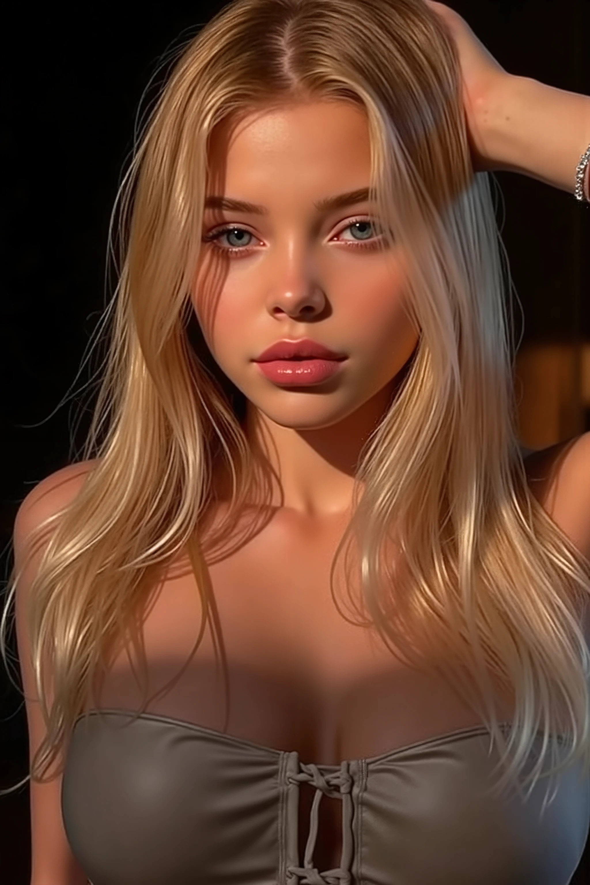(((ultra realistic))), Miley Cyrus, mid shot, Photo, masterpiece, top quality, (pale skin), (Ultra detailed face and eyes:1.3), 1 girl, Adult, nude, (Eye makeup, mascara) , ((large detailed lips)), ((blonde wavy hair)), ((Chyolka)) , ((Natural breasts)). ((Posing)), photoshoot, studio (soft lighting), glamour makeup, smoky eye shadow, (The play of light and shadows), depth of field, bokeh, (special attention to skin detail: 1.2), (Dark atmosphere of the frame, Dark color scheme), ((mid shot)) , ultra detailed, visible nipples, (((mid shot))). Visible nipples, athletic body, thigh gap, athletic body, minimal body fat, narrow waist, wide hips, she is smiling, bottomless