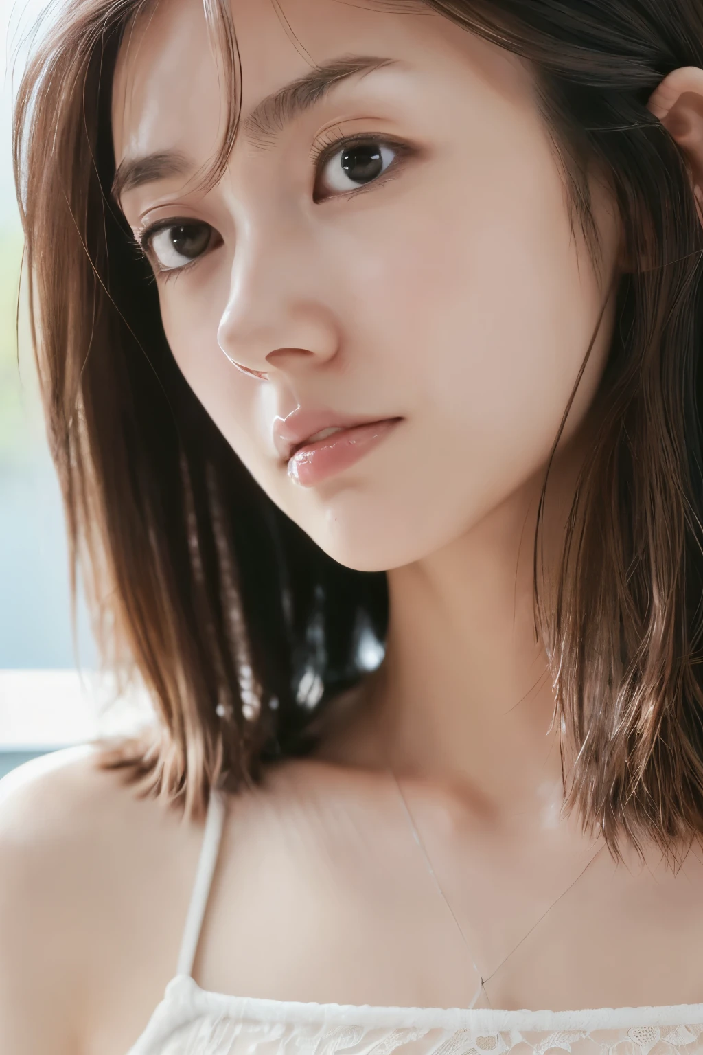 ((top-quality, masterpiece:1.3, Super high resolution), (Photo realistic:1.4, RAW shooting), Ultra-realistic capture, A highly detailed, high-definition 16K for human skin, Wistful, A skinny Japanese woman, 30 years old, cute face, ((Sadness face)), detailed face, detailed eyes, ((correct anatomy)), A dark-haired, Middle hair, ((Background of the sea in a starry night)), (((looking up afar at starry sky))), hair blowing in the wind( best quality, 8k, RAW Photo, masterpiece :1.3)), ( by Nomi、 photo real:1.37)、 very detailed、 super high resolution, (professional lighting), alone, female 1 person, alone, Japanese, Beautiful face, Eyeliner, brown eyes on the frame, (thin:Weight 1.0) , skin texture, , (White Crop Top Shirt, see through, white lace underwear ) ,(sexy lingerie ), (Liar, behind:1.5), was taken by a cowboy,