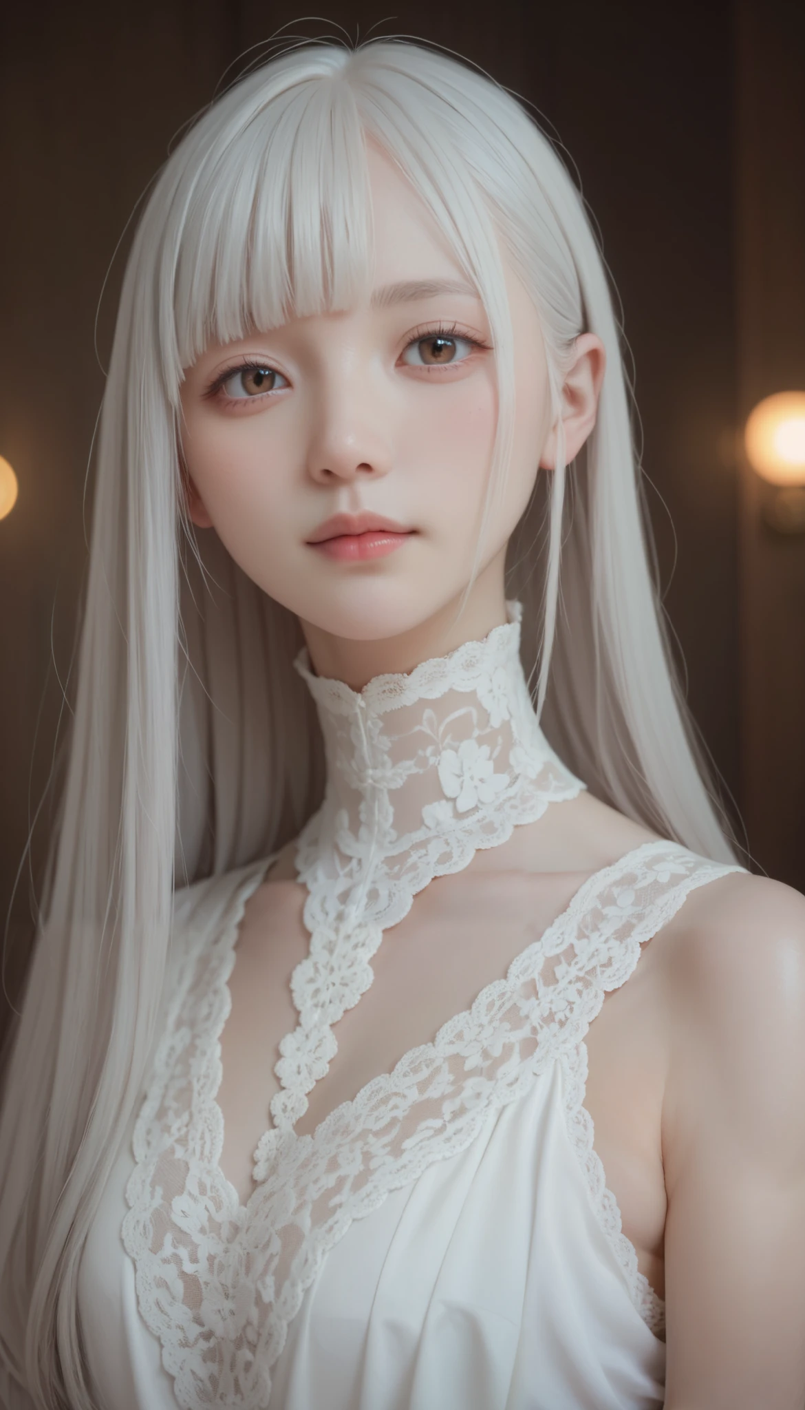 Perfect Anatomy, Japanese Girl, 少し短い首:1.7, Albino Skin, Gray Hair, straight long hair , light brown eyes , high neck lace fabric, white clothes, artistic.
