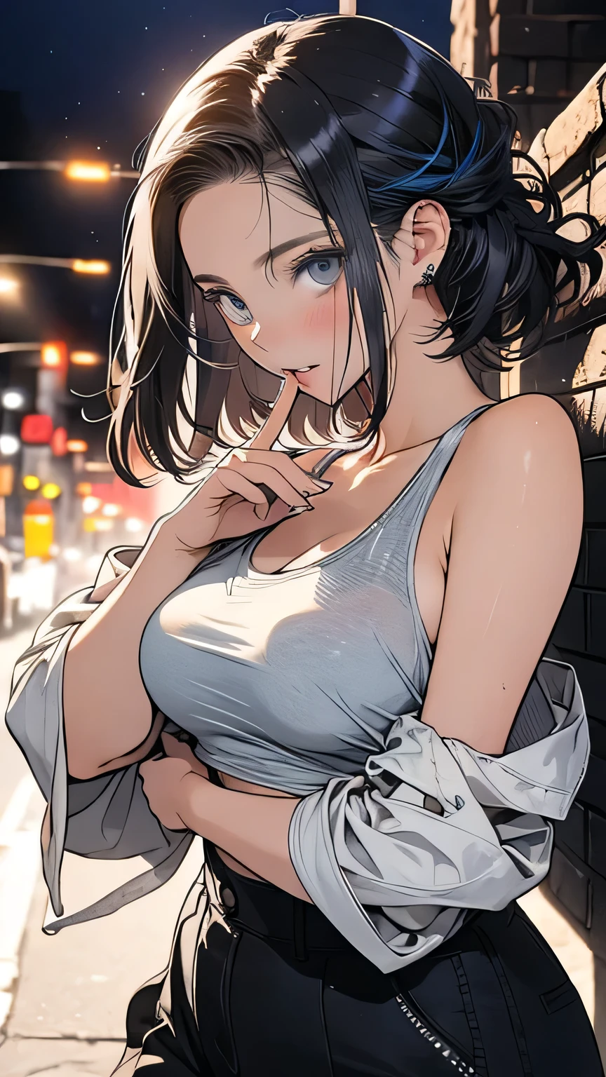 (((( best quality)))), (((Ultra Precision CG 16K ))), ((( masterpiece))), ((( very well detailed))), ((( extremely detailed))), (((Black outline:1.3, Depth of Written Boundary:1.3 , I'm wearing a sexy tank top with a , sharpness))), sailor warrior uniform , Multilayer Texture, surface shading , cinematic lighting , Beautiful sparkling detail , perfect ratio, Limited to One Woman , break accurate, anatomically accurate, Highly Detailed Face and Skin Textures , detailed , Highly detailed facial skin texture, fine eyes , beautiful hair, Beautiful Japanese Idol Faces , beautiful and beautiful eyes, beautiful body, beautiful breasts, beautiful thighs , beautiful legs, beautiful fingers for cows, ( beautiful scenery that radiates power ) , slender body, (( beautiful skin)), (( skin texture)) break breast enlarged, medium boobs, Rocket Breasts , ((( Perky Breasts ))), ( covered nipples on genitals), Slim waist, ( Narrow eyes, , determined expression , hot, I sweated , heavy breathing ,) , ( striped hair, hair intake, colored inner hair , ) break ((( The girl in the illusion box is tied behind , Wearing wide pants, Her breasts are hidden by her clothes))) , with earrings , ((( sunburned skin , Sunburn))) , break ( is showing her chest, Bend, street fight, spotlight ),((( Watch viewers, Super Detailed Background , ))), break ((( portrait , face, bust-up shot, Watch viewers, )), (natural), random angle, Random Situation , Pinup magazine poses