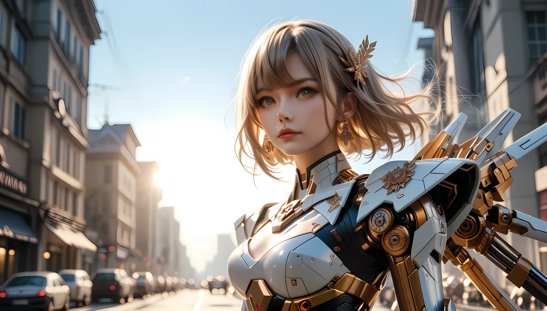 ((masterpiece)), ((best quality)), perfect detailed eyes, perfect detailed face, light brown hair, hair over shoulder, anime style, Surrealism, sparkle, cinematic lighting, A beautiful woman with a Gundam-style mechanical body, Mechanical limbs, sci-fi anime, Robot Woman, Colorful rays on background, Composition (cowboy shot)