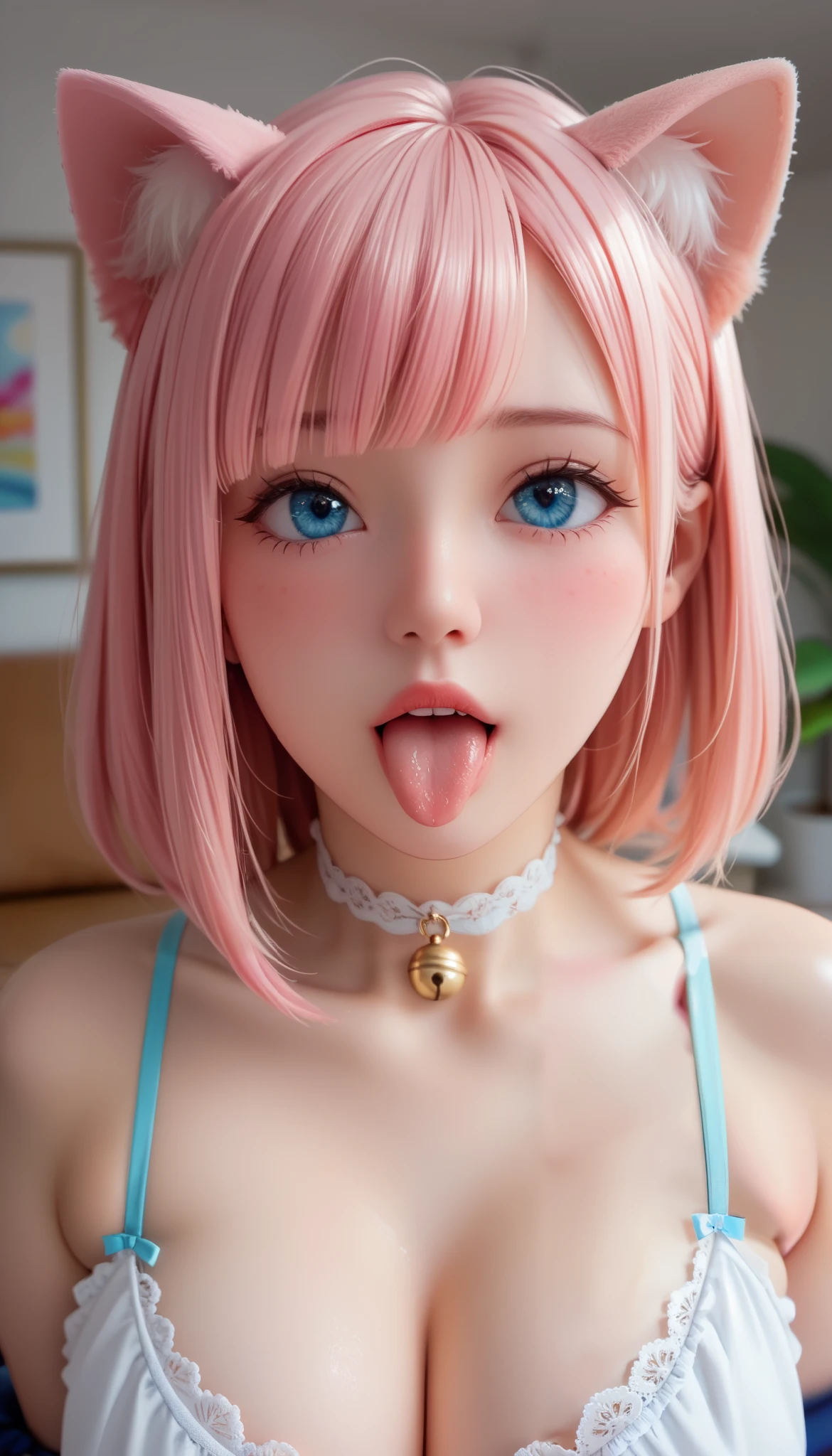 adult, woman, matured, she's so shy and blushing , cute big eyes , pink hair, Short Bob, Cat ears, The , Apart from shaggy hair , big silvery eyes, voluminous bangs , split bangs, long hair with bangs, Hair on the eyes , Perfect Blue Eyes, PERFECT BLUE IRIS , plump body, big boobs, plump lips, slender figure, thin strap blouse , Her big breasts , blouse with choker bell has a loose neckline, living room front view with choker bell , Techno, At night, Cyber decoration, セクシーなwoman, Very blushed, Ahegao facial expression, stick out your tongue, she's so hot and horny , tooth, she's so shy and blushing , enchanting, close, ( masterpiece, 解剖学的に accurate, accurate, Best quality, details, High detailss, quality, Super detailsed, High quality, Skin details, Amazing Skin details), (Super quality:1.0) ~ (Super quality:1.2)