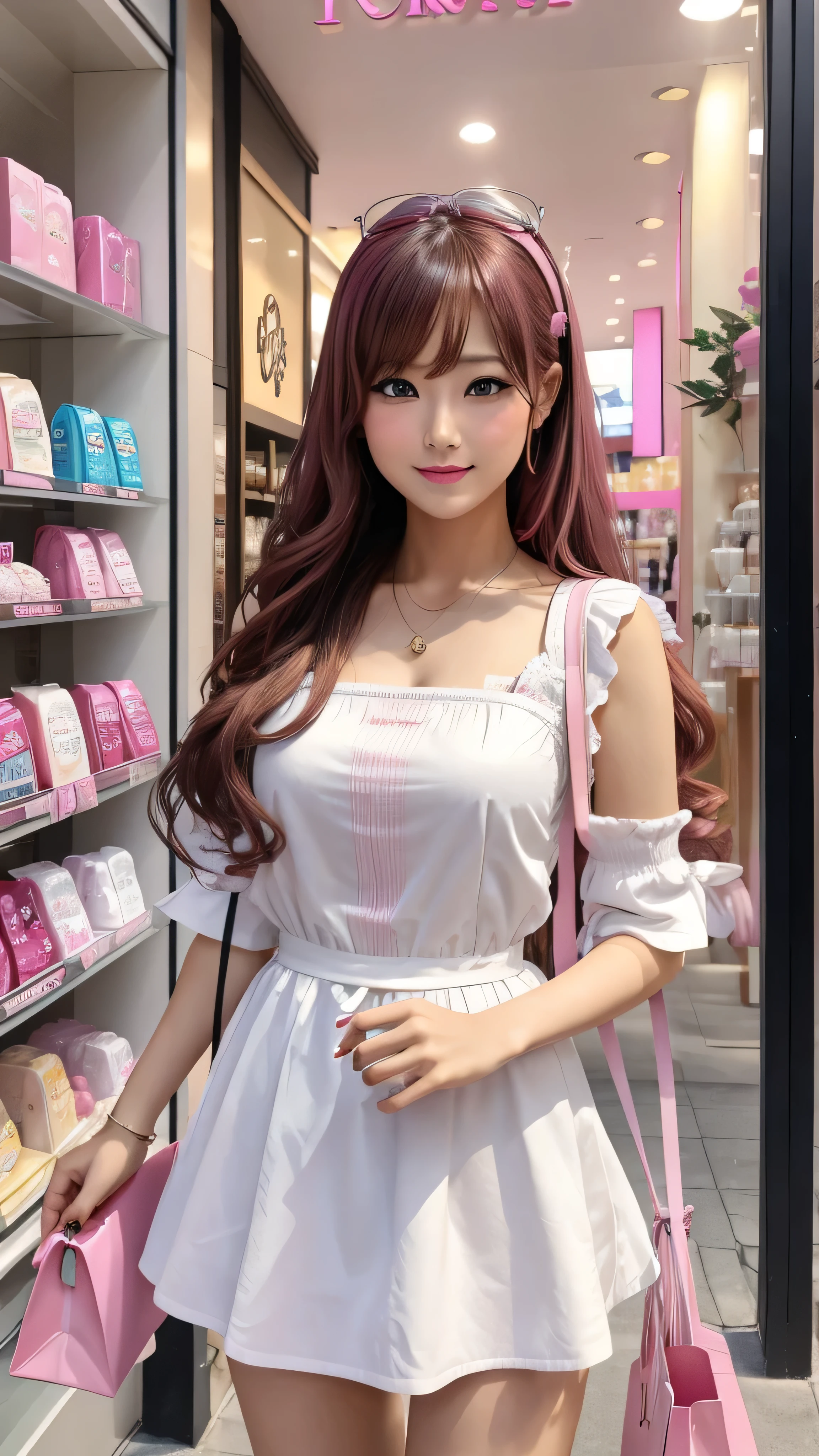 high res images、 high res,Create another scene with the same style ,Barbie is now outside the perfume store. Barbie shopping 、., She has a perfume shop bag now , She's going to get in the car soon , Her car is a C1 Corvette 、Pink and white、It's a red C1 Corvette ,She is wearing a pink and white plaid dress