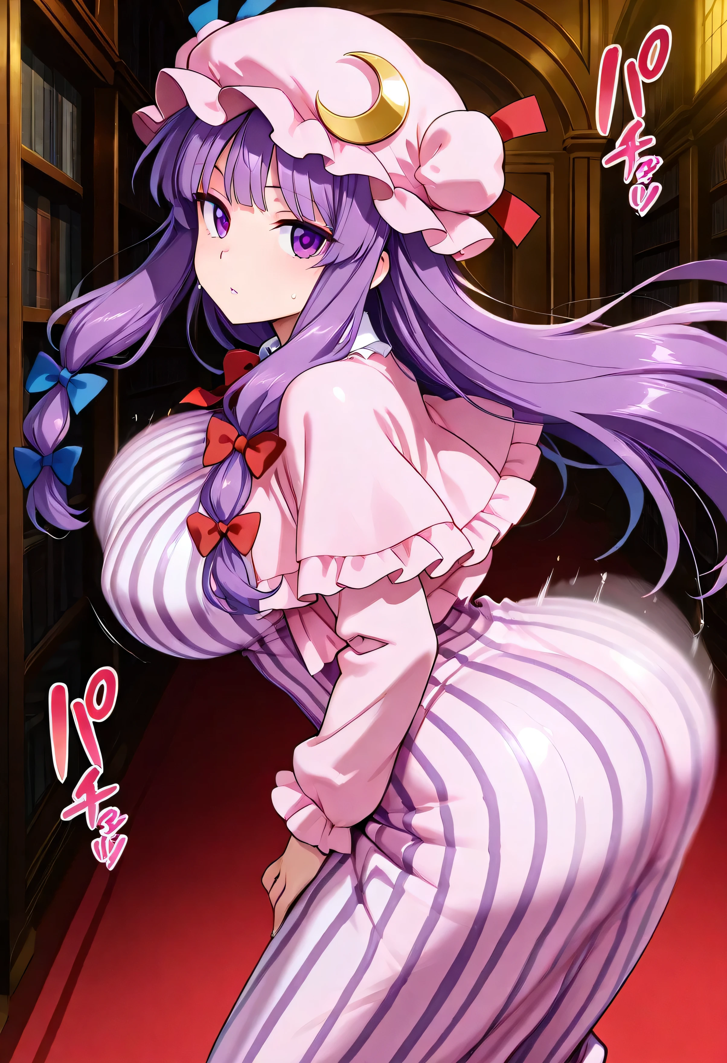 (beautiful girl:1.3),masterpiece,Please redeem,Ultra-high resolution,rich contrast,Very high quality,8k,Highly detailed CG unit wallpaper,Texture,So ridiculous,RAW Photos,Highest quality anime,anime-style illustration,studio anime style,professional photograph,an extremely delicate and beautiful,Depth of written boundary 1.2,ultra-detailed eyes,Glowing Skin,Glitter Effect,Beautiful glossy lips,patchouli knowledge,  1girl , Alone, purple hair, long hair, purple eyes, sidelocks,mob cap, pink headwear, crescent hat ornament, blue bow, red bow, hat ribbon, hair bow, Crescent Pin, capeleT, red ribbon, long sleeves, vertical-striped dress, blue ribbon, long dress, purple dress, pink dress,( obscene sound effects:1.5),((( round eyes , big eyes))), big breasts,Big Round Ass,My chest is shaking violently ,sweat, wet,Scarlet Devil Mansion,Library,( motion blur:2.0)
