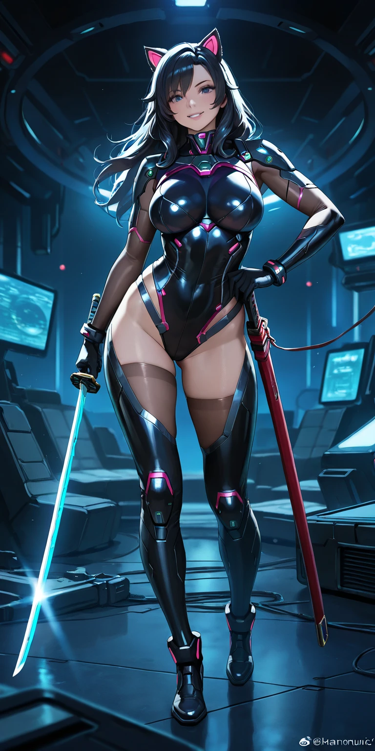 1girl, white skin, light skin, smile, light smile, blue hair, short hair, blue eyes, large breasts, breasts, wide hips, black bodysuit, bodysuit, sleeves, short sleeves, pantyhose, black pantyhose, futuristic, science-fiction, neon trim, neon, full_body, ((full body)), standing, swords, lighsaber, sword
