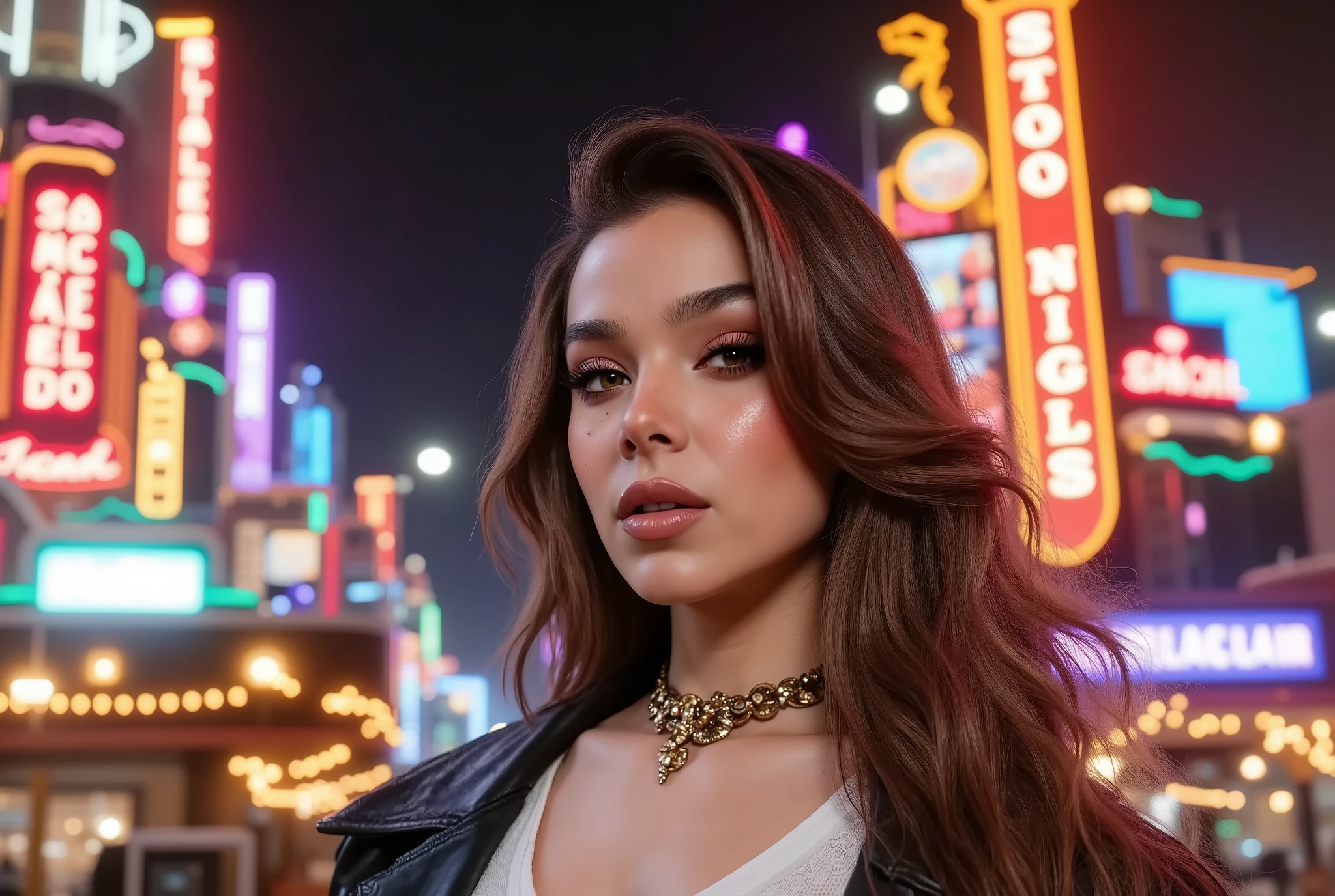 tamhwx woman, portrait, close up, instagram selfie, (( very long hair, hair over eye, wild hair, braids)), wearing gothic styled outfit, collar with spikes, big chest, foggy, dim neon light, noir style, dystopian city at night, dirty street, ((perfect eyes, detailed eyes,realistic eyes)), ((sharp face, detailed face, realistic face, naturtal skin, realistic skin, detailed skin, pores))