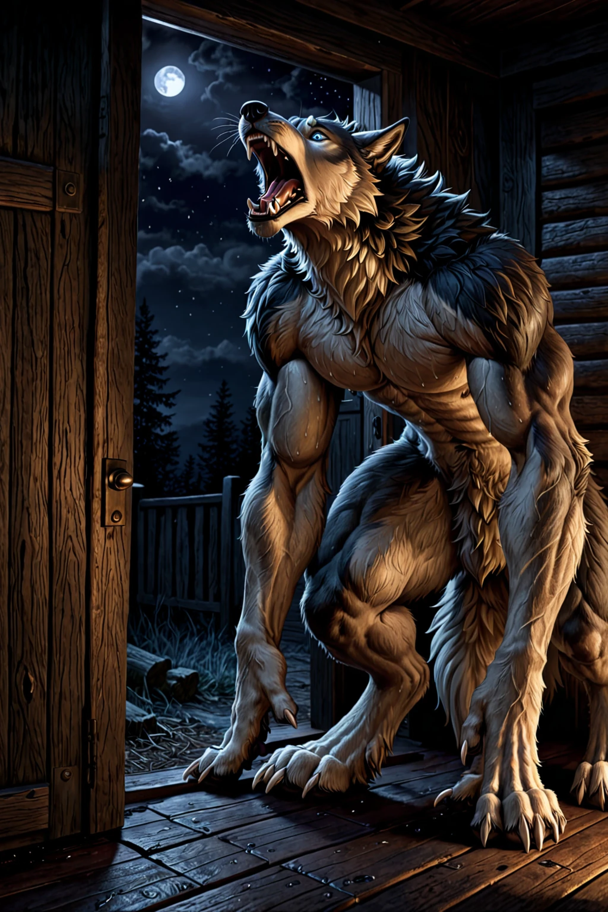 looking down, Grovel:1.3, feet up, Squat:1.3, wild wolf, on fours, beautiful werewolf transformation, snout:1.3, wolf nose:1.2, whiskers, fangs, pawpads, Pale claws, blue eyes, paws, skin:1.3, rags, naked, growing muscles, confused:0.8, veins, sweating, in pain:1.3, screaming, old cabin, in corner, open door, sharp focus, ((deep night, darkness, dramatic moonlight)), (Raw, masterpiece, realistic, hd, full hd, 4k, deep shades, ultra detailed)