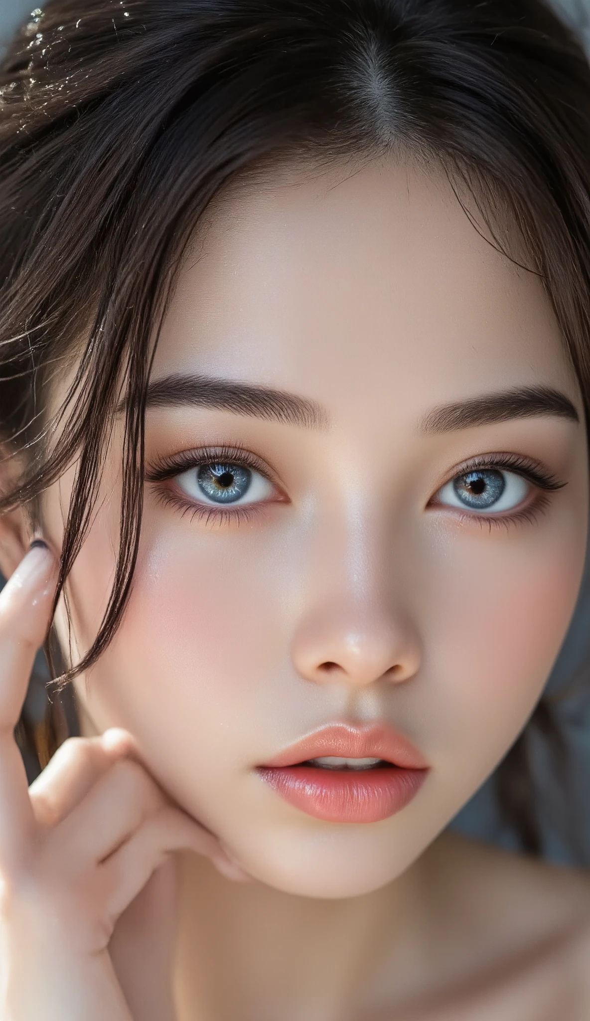 A hyper-realistic portrait of a 22-year-old half Caucasian half Asian woman with large, bright blue almond-shaped eyes framed by thick, naturally curved round eyebrows. Her gaze is soft and endearing, with long, dark lashes accentuating her eyes. She has full, rosy lips with a natural pout, a sculpted diamond-shaped face, and a small, upturned nose. Her skin is flawless and luminous, with a subtle blush highlighting her high cheekbones.