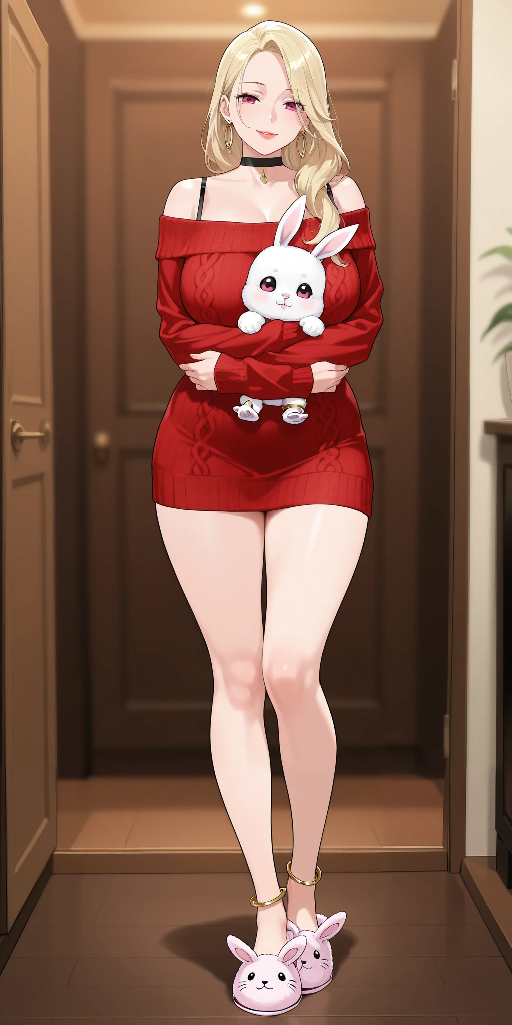 An extremely beautiful mature woman with blonde hair. She has extremely fair white natural skin, red plump lips, big pink eyes, and a perfect sexy curvy yet slim body. She's only wearing a short revealing off-shoulder tube red sweater, black bra strap, earrings, feet anklets, bangles, a black choker, and bunny slippers. She's standing straight, with a beautiful smile, holding her  in her arms, and the living room in the background. Show her full body.