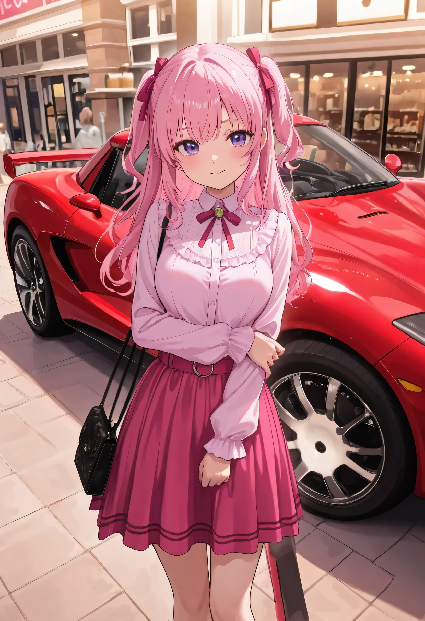 high-resolution image、 high resolution,create another scene in the same style、Barbie is outside the perfume store。Barbie shopping 、., She now has a perfume shop bag 、 She's going to get in the car soon 、 Her car is a C1 Corvette 、 Pink and white、 It's a red C1 Corvette ,She is wearing a pink and white plaid dress