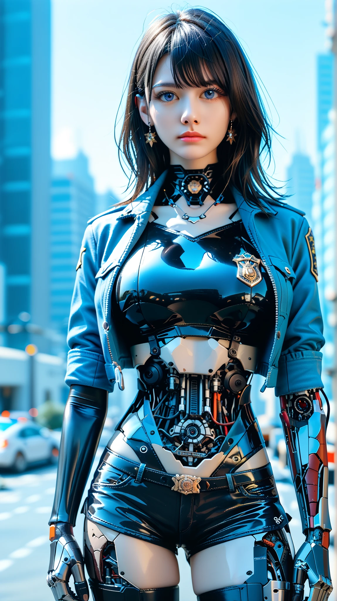 (((masterpiece))), (realism, realism texture, (science fiction, distant future), (top Quality, High Quality, top resolution, high resolution, (ultra detailed, high detailed))), (beautiful robot latex police officer girl:1.4), (she is incredible machine:1.4), (beautiful face), (thin lips, wide mouth), blue lighting eyes, (polished short shorts:1.6), (robot armor:1.4), machine frame, (black metallic latex cropped jacket:1.2), (steel knee-high greaves, (mechanical hands)), (robot joint:1.3), (robot neck joint:1.6), ((machine parts, electronic component, complete parts, wiring:1.3), (severed arm:1.3), (broken belly), (broken legs)), straight hair, Expressionless face, (cowboy shot:1.5), (closed mouth), (futuristic city), looking at viewer