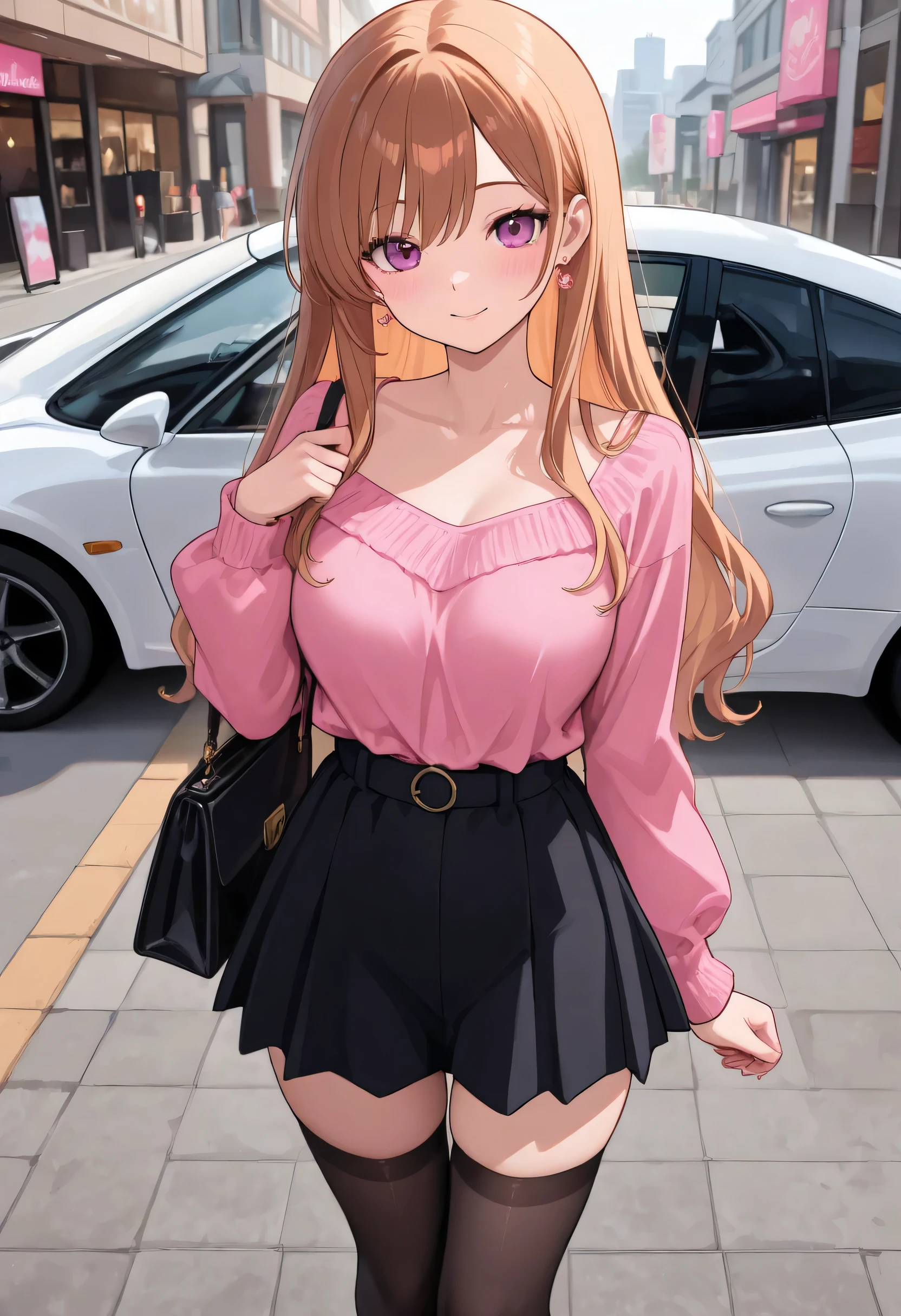 high-resolution image、 high resolution,create another scene in the same style、Barbie is outside the perfume store。Barbie shopping 、., She now has a perfume shop bag 、 She's going to get in the car soon 、 Her car is a C1 Corvette 、 Pink and white、 It's a red C1 Corvette ,She is wearing a pink and white plaid dress