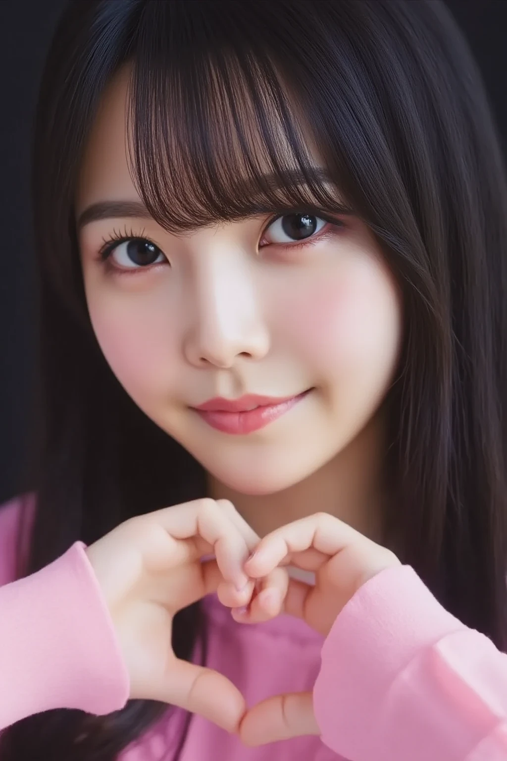 A photograph of a young asian woman with fair skin and long,straight dark hair,styled in a simple,elegant manner. She has a slender face with delicate features,including arched eyebrows,almond-shaped eyes,and a small nose. Her lips are slightly parted,and she has a calm,neutral expression. She is wearing a pink,long-sleeved top that contrasts with her pale skin. Her right hand is raised to her face, making a heart shape with both hands,with her fingers gently touching her cheek,and she is wearing a simple silver ring on her ring finger. The background is a dark,neutral color,possibly black or very dark gray,which helps to highlight her face and the details of her expression and attire.