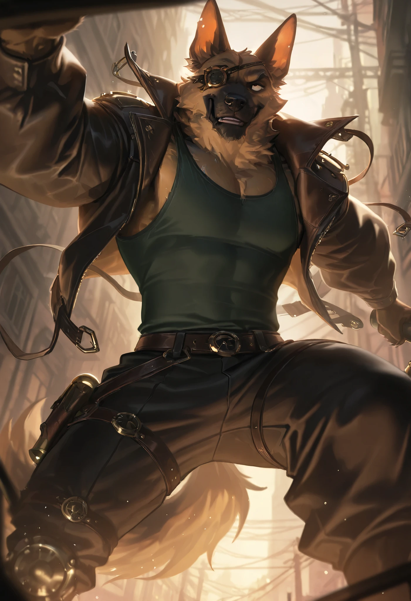 Score_9, Score_8_up, Score_7_up, Score_6_up, anthro,\(quality\), L0LSPL4SH, year2024, year2023, anthro_dog, german shepherd anthro, 1male, solo, strong body, fluffy body, dominant posture, tired eyes, upperbody, long dark jacket, open jacket, tank top, eye patch, posing, L0LSPL4SH, dark scenario, steampunk