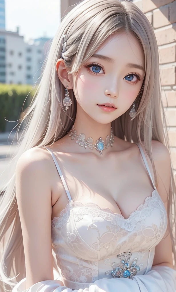 silver shiny hair, super long straight silky hair, dazzling blonde super long silky hair, cute little beautiful face of , beautiful girl, sparkling blonde dancing in front of her cute face, long silky bangs covering the space between her eyes, very beautiful, bright, large, bright blue eyes, very big eyes, hair hiding her face, sexy cute young woman with super long bangs, very white skin, cheek gloss highlighter, small beautiful face, round face, ample bust, nipples, embarrassed face, Light pink small nipples