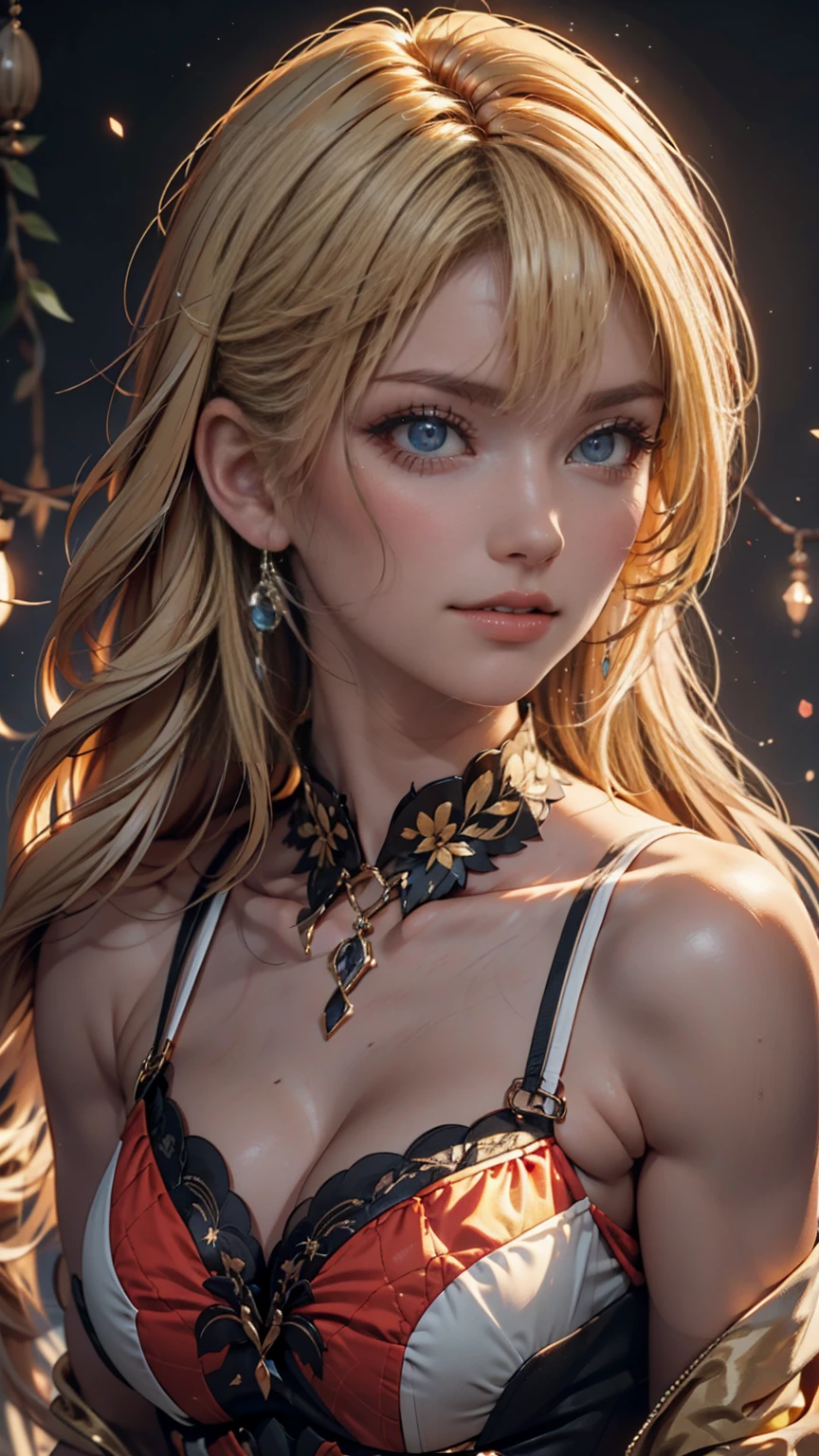 (((masterpiece))), (((highest quality: 1.4))), ((Super detailed: 1.4)) , An extremely detailed gouache painting of a tiefling woman, Gorgeous exotic features, Amber neon eyes:1.5, Orange Hair, Highly detailed facial features, Expressive Face, Detailed Texture, Blue skin tone, Tattoo, Natural Skin Shader, Volumetric, Warm shades beneath her skin, Ultra-high resolution