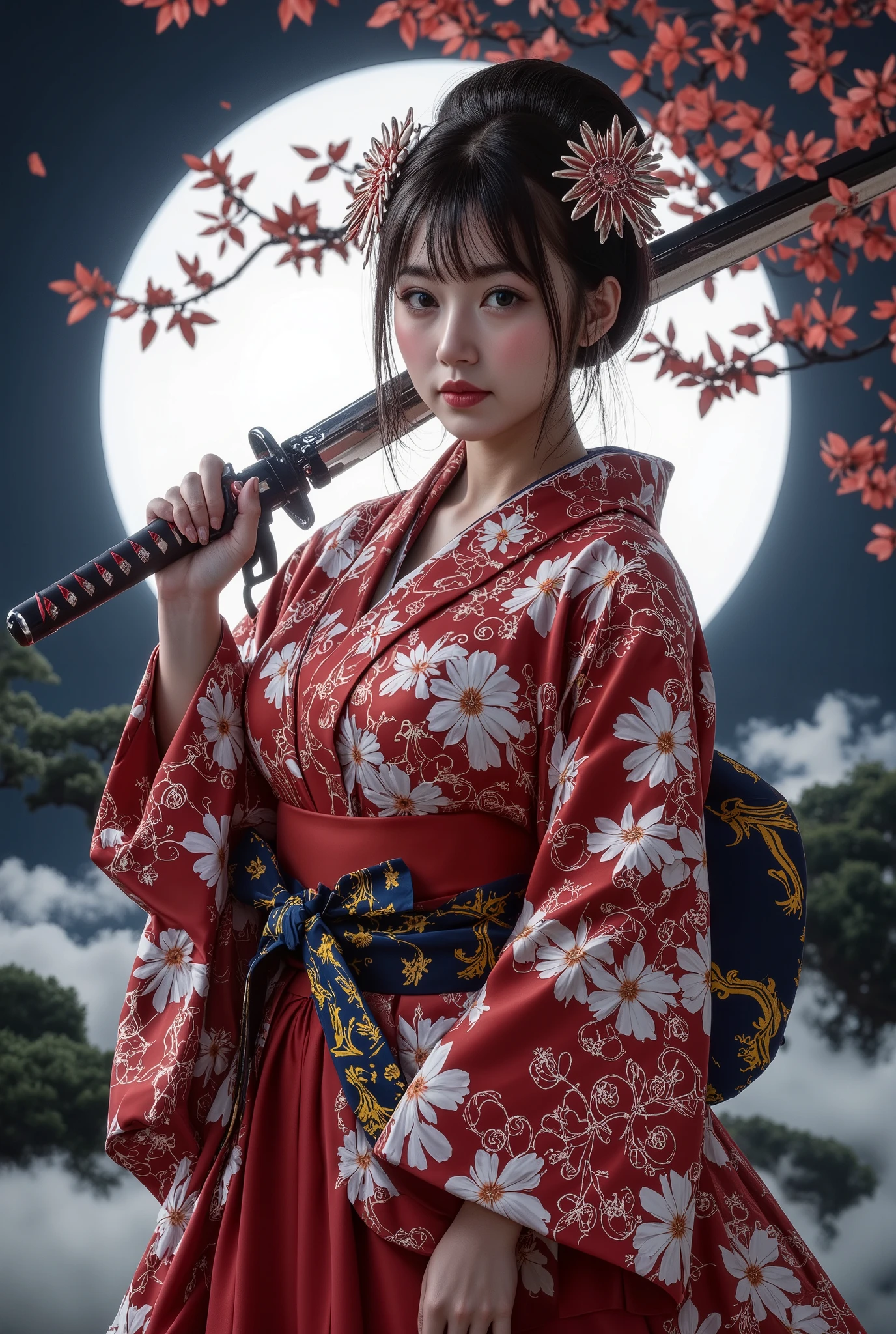 ( masterpiece, top quality, by Nomi, high resolution, photos, :1.3), sharp concentration, 1 Beautiful Japanese Geisha Girl, ((( Beautiful kind face :1.5))), Geisha hairstyle, ((( plump body))), Japanese Geisha's Gorgeous Kimono, Standing Pose, (( full body shot)), full body, has a large sword, Japanese style background, night,