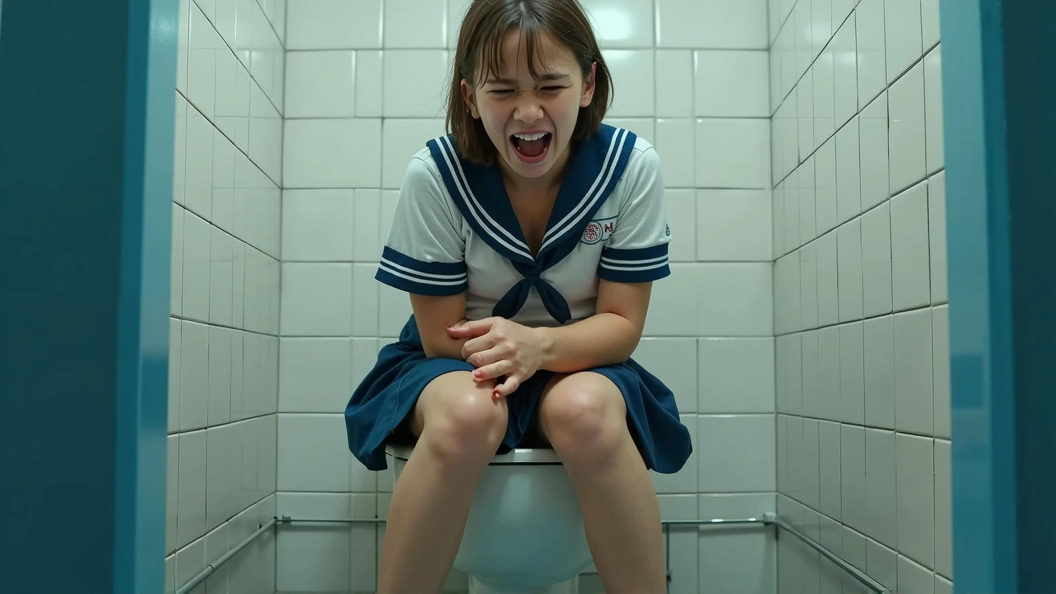 (8-year-old:1.5), Primary school students, (absurderes, 8K, 4K, masutepiece, hyper extreme detailed:1.2), Best Quality, Perfect Anatomy,Perfect face,Facing forward,High humidity,(solo:1.2),(chubby:1.1), shortness of breath, High humidity, Steamy, blush, Black Hair, Hair ties, sunlight, hair band, Outdoor, hair ornaments, summer, Strong sunlight, (Very short stature:1.4), (A is sitting and looking at me:1.4), (Fellatio Gesture:1.5), grin, half closed eyes, Confused eyes, Open your mouth ,Sitting,Chair,Heavy breathing ,Hand in front of your mouth, (cum face:1.5), Drooling, (School toilets:1.8), (Peeing:1.6), nude, (spread legs:1.8), necklace, choker, Fishnet tights, Branded bags, cosmetics, condom, (Twin tails:1.2), (Huge penises on both sides:1.6), (Kindergarten smock:1.7)