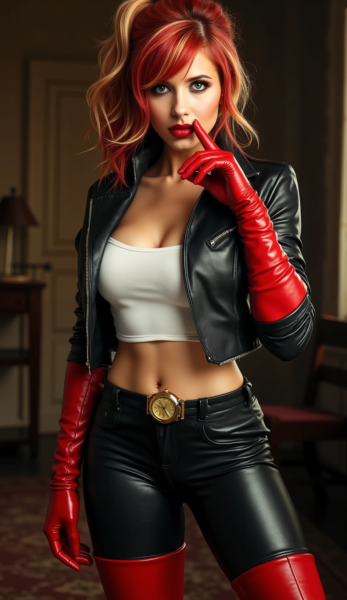 (Best quality, 4k, 8K, highres, masterpiece, ultra-detailed, realistic, photorealistic, photo-realistic, high-key lighting, thick athletic body, busty, big breasts, detailed facial features) A stunning, youthful woman standing confidently in front of the camera, holding intense eye contact while smiling seductively. She poses with one gloved hand resting on her hip and her right gloved hand raised in front of her lips in a silence gesture, her gloved fingers elegantly positioned. Her deep red lipstick and vibrant, heavy makeup enhance her striking expression. Her short, wavy red-and-blonde hair is tied into a high ponytail, with a few loose strands framing her face. She wears a fitted white shirt under a cropped black leather jacket, tight black leather pants, and thigh-high red leather boots. Long thight red leather gloves extend past her elbows. A large golden watch is worn over her gloves, adding a bold accent. The background features an old castle room, its dim, atmospheric lighting contrasting with the bright, high-key illumination highlighting her figure, textures, and confident aura.