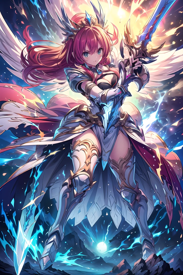 (((masterpiece, best quality, high detailed, 16k))) Female goddess holding a huge sword, big breasts, sword of flame, (giant sword), (close-up of sword), (close-up of weapons), Ornate Sword, head wings, multiple wings, white dress, white armor, cropped shoulders armor, gauntlets, red hair, long hair, tiara, cleavage, thighs, thigh highs, glaring, weapon, (sword:1.3), fighting stance, dynamic angle, attack battle form, gripping, attack glaring, magnificent, celestial, epic, majestic, magical, fantasy art, full moon, full of momentum, sky cracking, planet exploding. (perfect face), (detailed eyes), ((full body front view)), (extremely detailed:1.5)