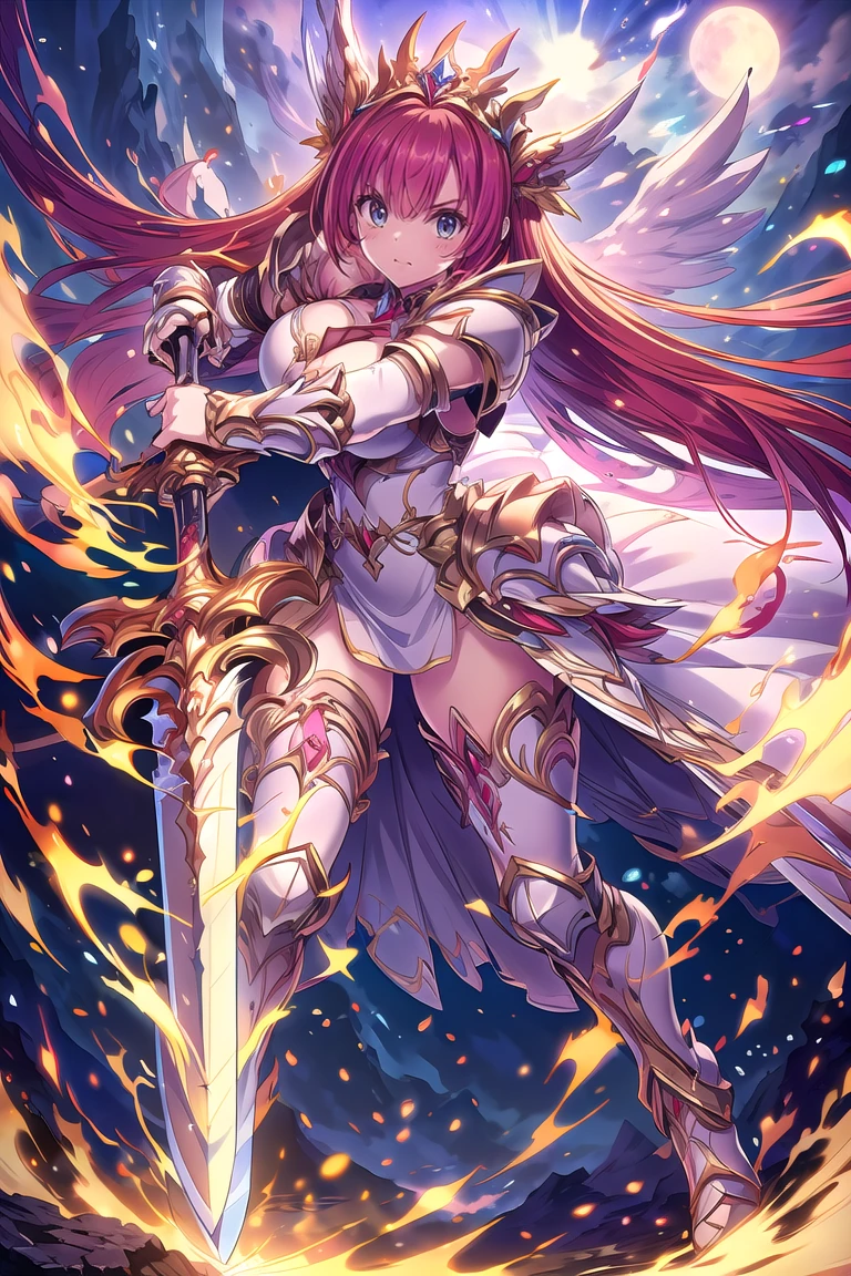 (((masterpiece, best quality, high detailed, 16k))) Female goddess holding a huge sword, big breasts, sword of flame, (giant sword), (close-up of sword), (close-up of weapons), Ornate Sword, head wings, multiple wings, white dress, white armor, cropped shoulders armor, gauntlets, red hair, long hair, tiara, cleavage, thighs, thigh highs, glaring, weapon, (sword:1.3), fighting stance, dynamic angle, attack battle form, gripping, attack glaring, magnificent, celestial, epic, majestic, magical, fantasy art, full moon, full of momentum, sky cracking, planet exploding. (perfect face), (detailed eyes), ((full body front view)), (extremely detailed:1.5)