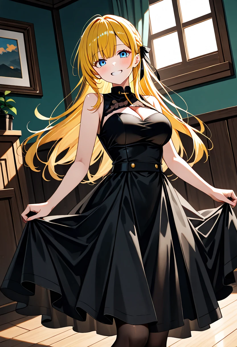 expensive body, expensive, Long legs, mature female, mature, Adult, Simple Background EFT_Excellence_Fairy, One girl, Long Hair, alone, Blonde, very Long Hair, dress, smile, blue eyes, View your viewers, Pointed Ears, Are standing, window, black dress, bracelet, jewelry, indoor, chest, Mouth closed, Fairyちんこをなめなめ、