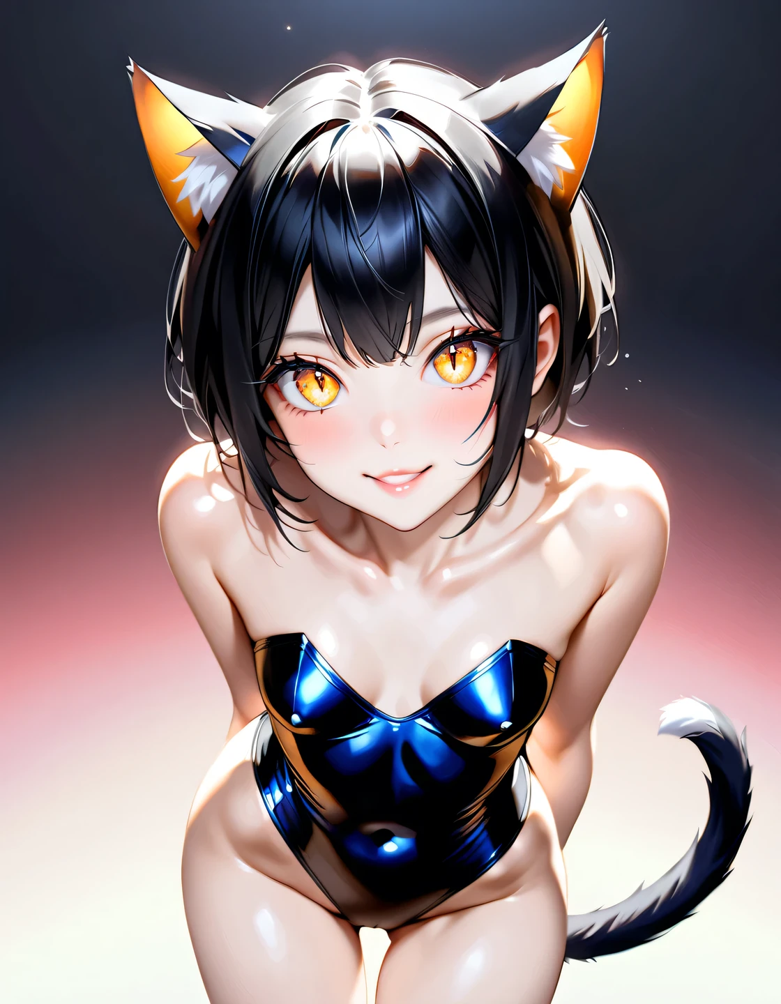 best quality, masterpiece, ultra high res, (photorealistic:1.4), RAW photo, break
((adult woman, full body photo)), break
((( beautiful black hair,Short Hair,Cat ears, cat's tail))),break
(( cute smile, Fascinating Lips)),break
(((Elongated pupils like cats ,Golden glowing eyes))),(fine eyes),( eye highlight),break
( Beautiful White Skin), detailed skin, (beautiful slim female figure),(( small breasts)),break
((Black Enamel Leotard,Lustrous Material)),break
(((A completely dark space))),break