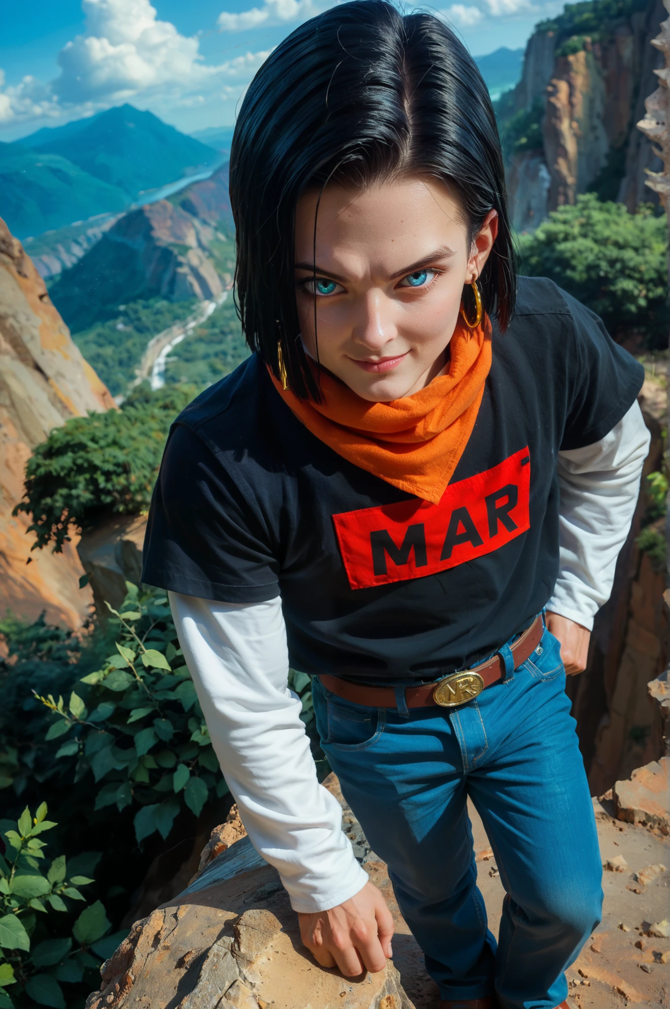 score_9,score_8_above,score_7_above, score_6_above, to break, android ,1 boy, alone,aboveper body,Monte Paozu , blue sky, cloud, A gram, fine mountain , [cliff, bush, outdoor, black hair, short hair, light blue eyes , black t-shirt, LONG SLEEVES ON SHORT SLEEVES, blue denim pants , orange bandana , smile,looking at the spectator, mouth shut, white sleeves,brown stripe, gold belt buckle ,red badge , rr,yellow earrings, (sideways:0.7),
