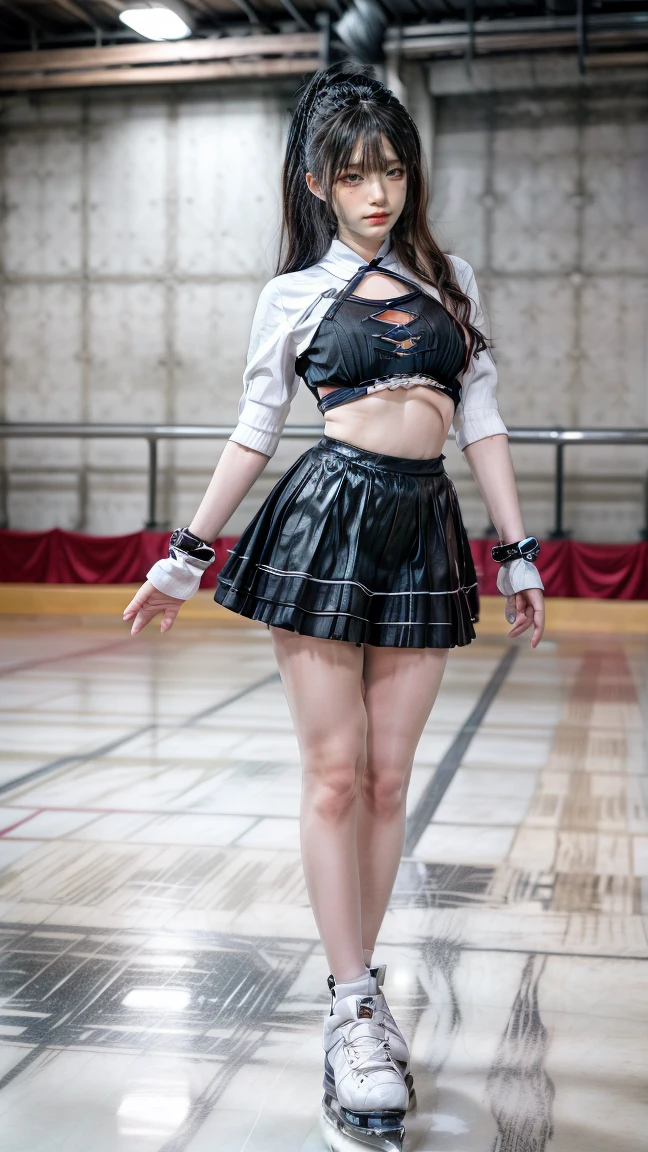 Queen of Gothic fashion、large full breasts、beautiful foot、、、Good Style、、Black tight mini skirt、fishnet tights、Stage illuminated by fluorescent pink lights