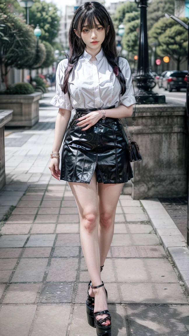 1 girl, beautiful, ((long hair, long hairมาก)), Amazing faces and eyes, put on makeup, ลิปกลอสสีแดงละเอียดละเอียดใบหน้าbeautiful), (Look sexiest), (beautiful big breasts:1.6), ((School uniform, Black pencil skirt:1.2,)), White shirt, black leather skirt, Student Belt, (best quality:1.4), (Very detailed), (วอลล์เปเปอร์ CG รวม 8k ที่มีรายVery detailed), Highly detailed, raw photos, Professional photography, ((Crowded amusement park)), roller coaster, Ferris wheel, stand, (((stand, ขายาวbeautiful)), ((walk)), (ท่าทางการwalk), The scenery is like a scene from a movie.,