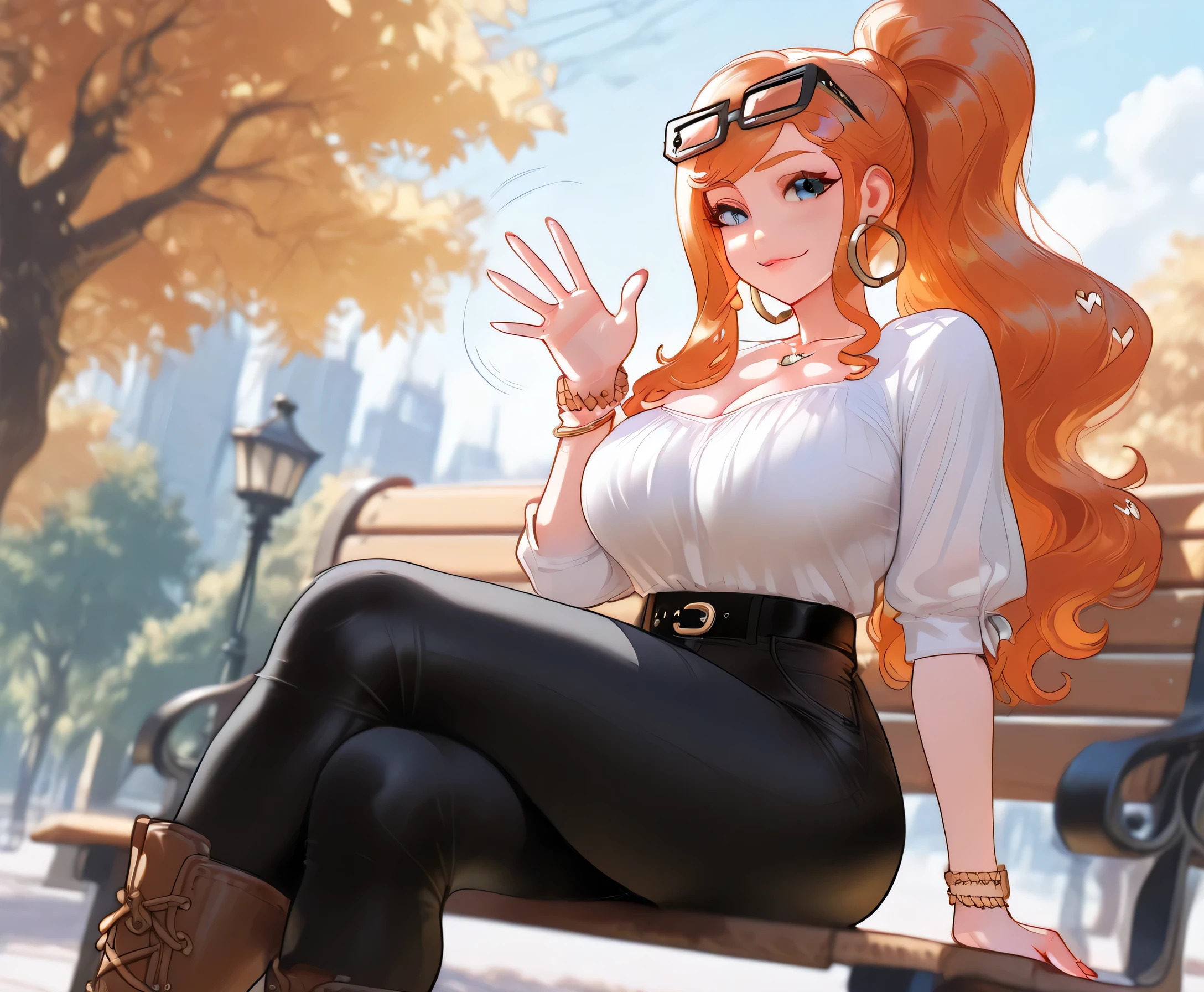 Sonia, long orange hair with a ponytail on the side, glasses on her head, blue eyes, she is a Futanari, big breasts, she is wearing tight black jeans with a belt, a sexy white blouse with a low neckline, brown boots, yellow bracelet and hoop earrings, she is sitting on a bench in the park, waving with a playful smile.