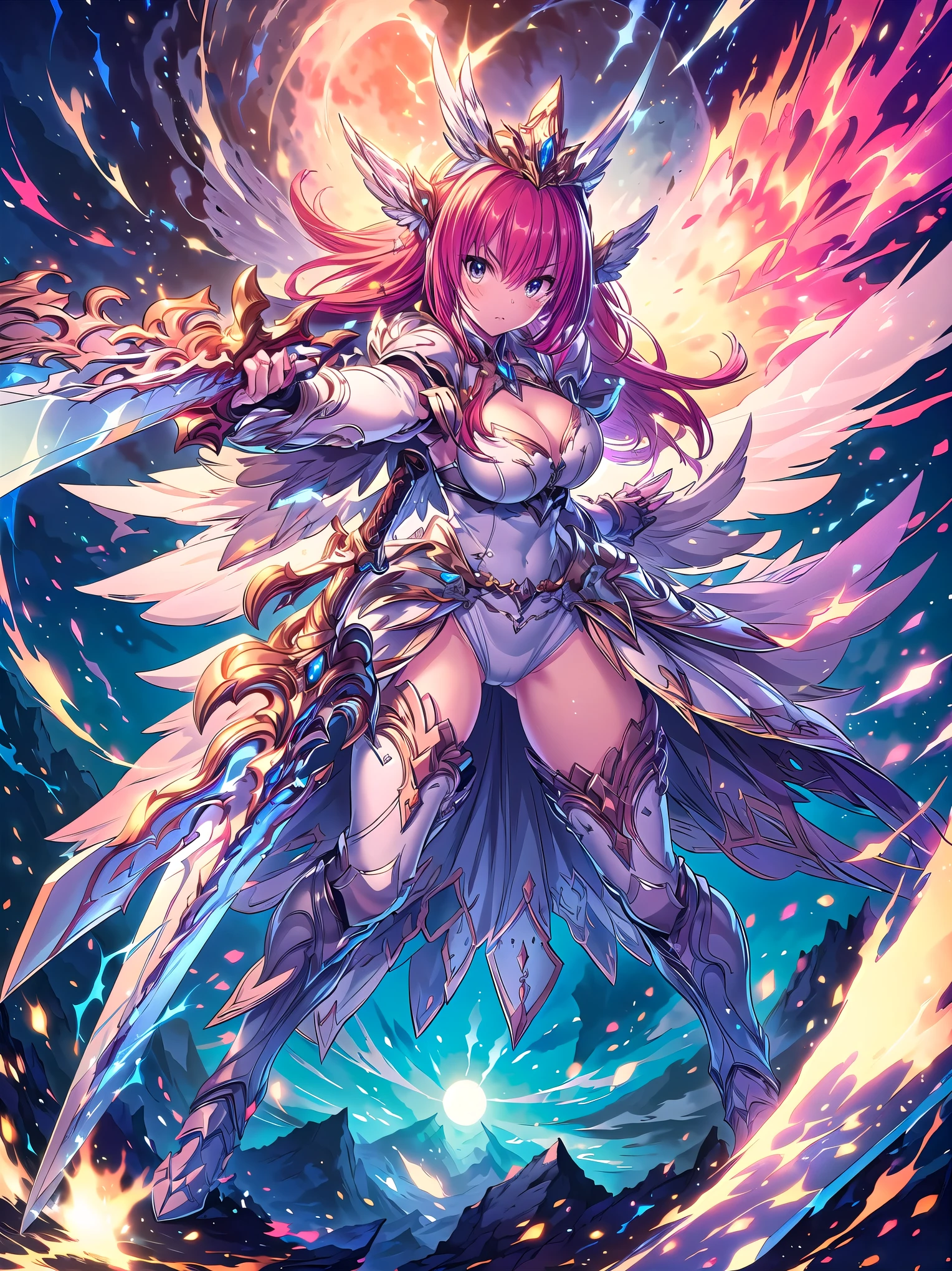 (((masterpiece, best quality, high detailed, 16k))) Female goddess holding a huge sword, big breasts, sword of flame, (giant sword), (close-up of sword), (close-up of weapons), Ornate Sword, head wings, multiple wings, white dress, white armor, cropped shoulders armor, gauntlets, red hair, long hair, tiara, cleavage, thighs, thigh highs, glaring, weapon, (sword:1.3), fighting stance, dynamic angle, attack battle form, gripping, attack glaring, magnificent, celestial, epic, majestic, magical, fantasy art, full moon, full of momentum, sky cracking, planet exploding. (perfect face), (detailed eyes), ((full body front view)), (extremely detailed:1.5)